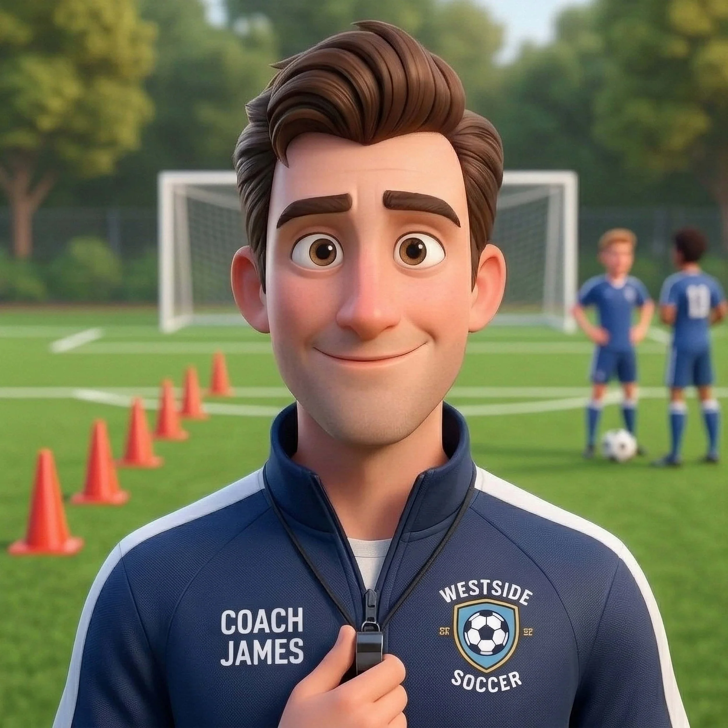 Animated coach with brown hair wearing a blue whistle and jacket with 'Coach James' and 'Westside Soccer' logo, smiling on a soccer field with players and orange cones in the background.