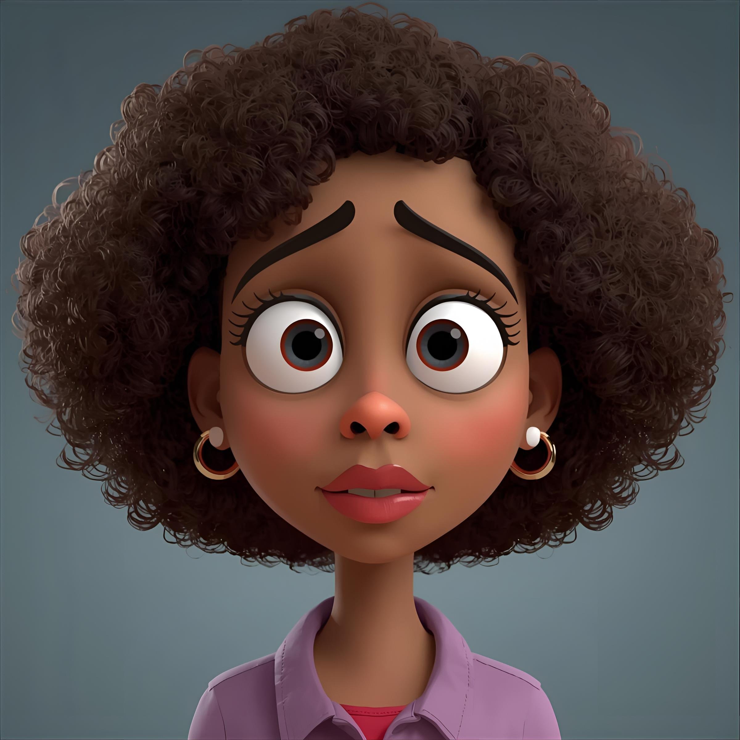 Animated woman with curly hair, big expressive eyes, wearing hoop earrings and a mauve top, showing a worried or anxious expression.
