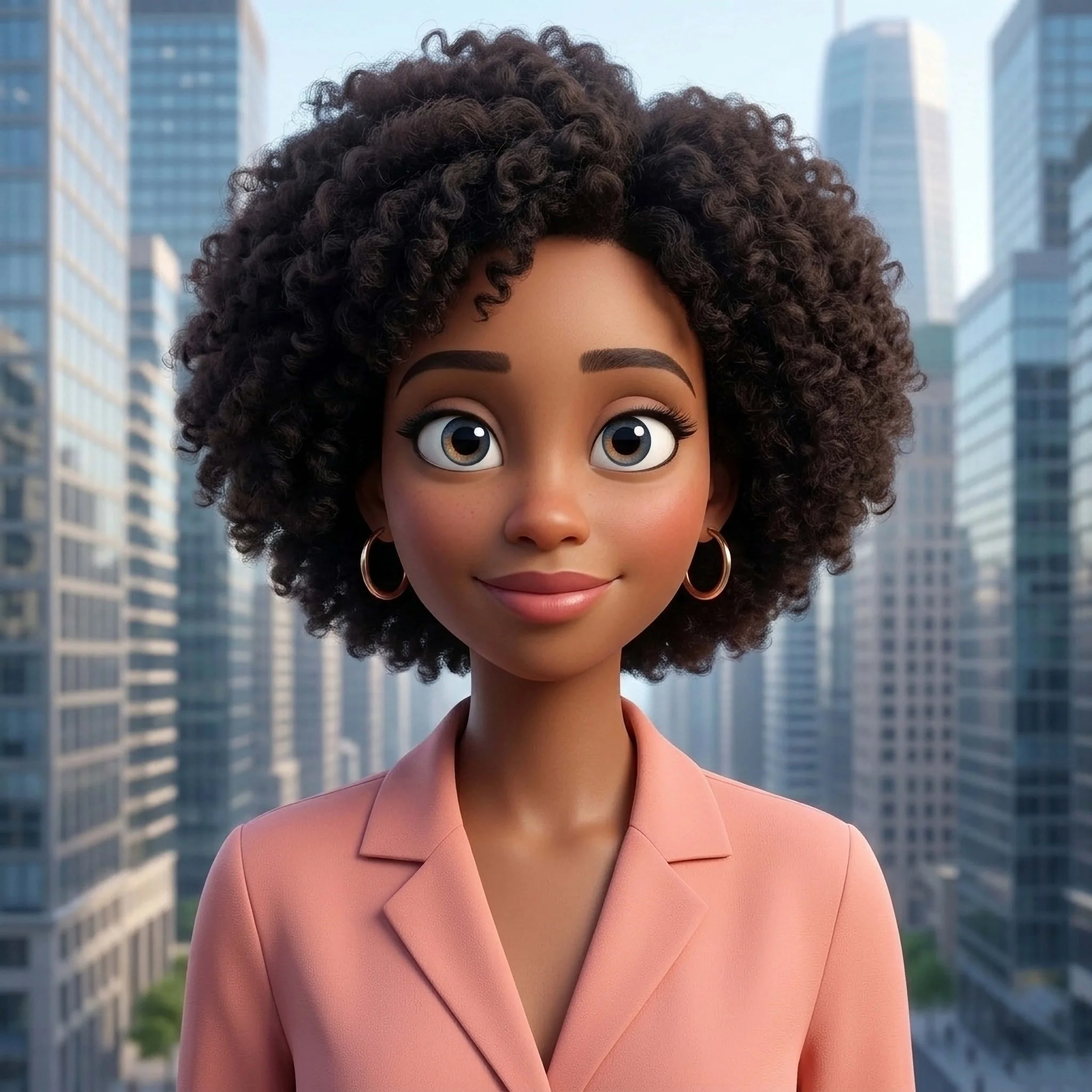 Animated woman with curly hair, wearing a pink blazer, standing in a city with tall glass buildings.