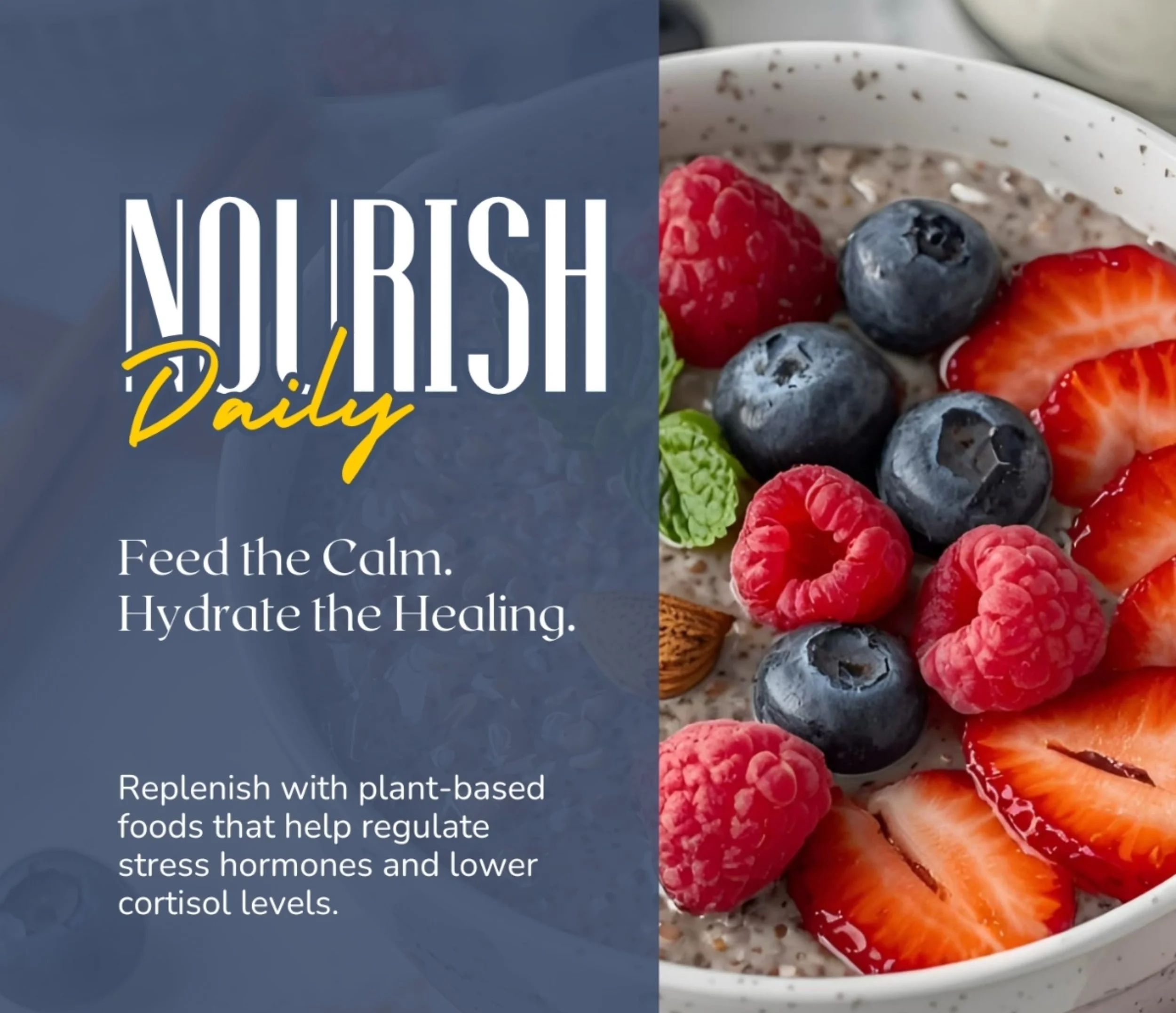 A bowl of oatmeal topped with strawberries, blueberries, raspberries, and a mint leaf.