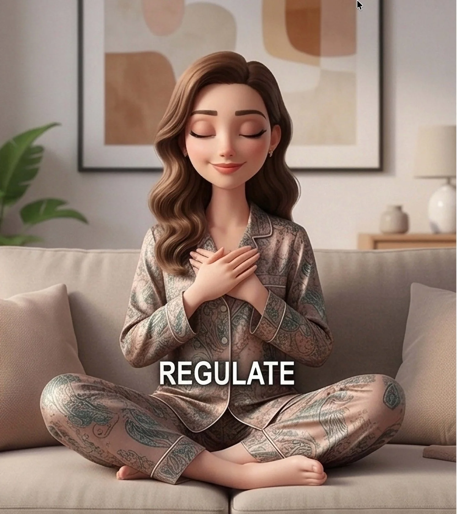 A cartoon woman with closed eyes and a gentle smile, sitting cross-legged on a sofa, wearing pajamas with a pattern of tattoos, with her hands over her heart, and the word "REGULATE" written at her waist.