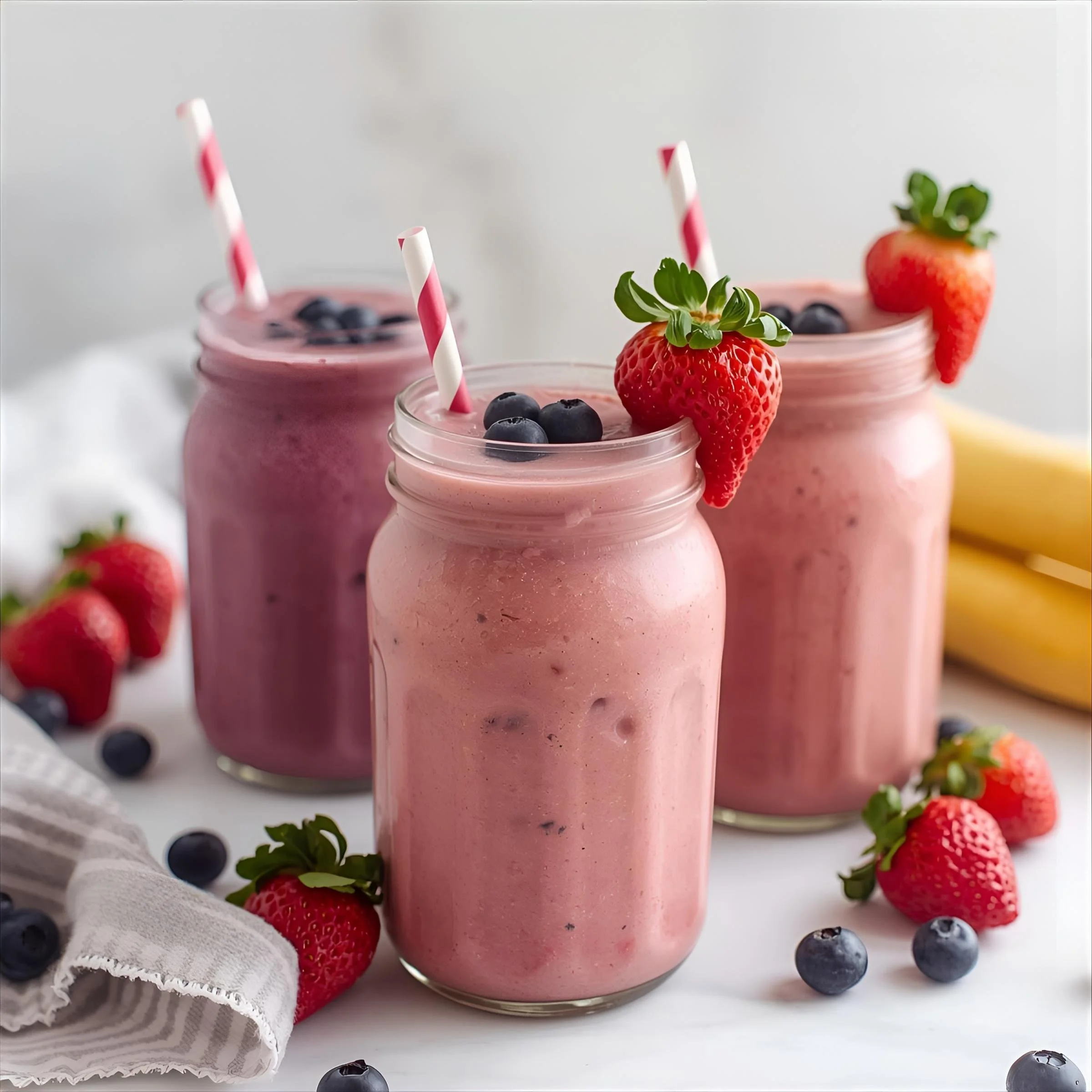Three mason jars filled with pink strawberry smoothies topped with strawberries and blueberries, with striped pink and white straws, surrounded by fresh strawberries, blueberries, and bananas on a white surface.