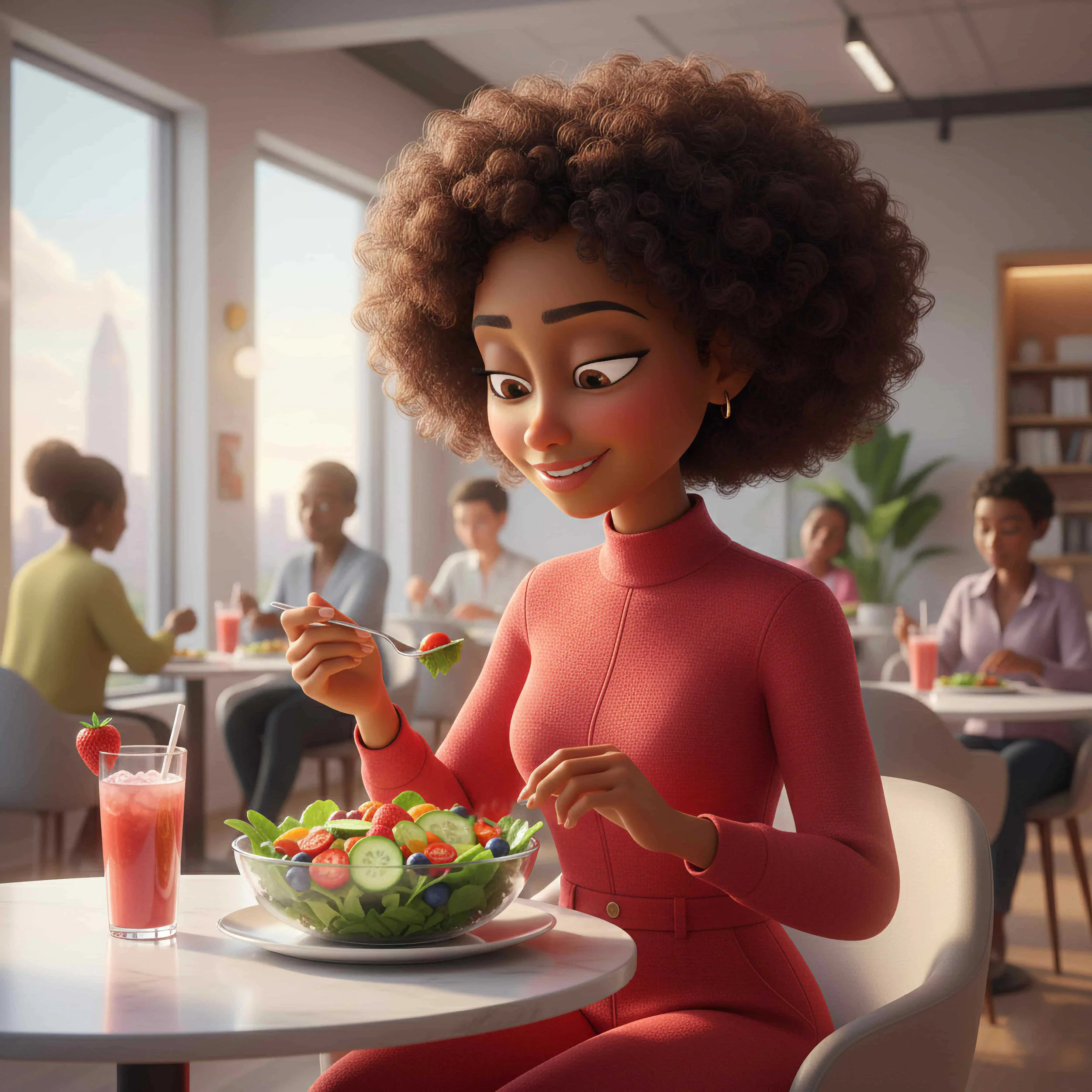 A woman with curly hair and a red outfit eating a salad in a restaurant with large windows, and other people dining in the background.