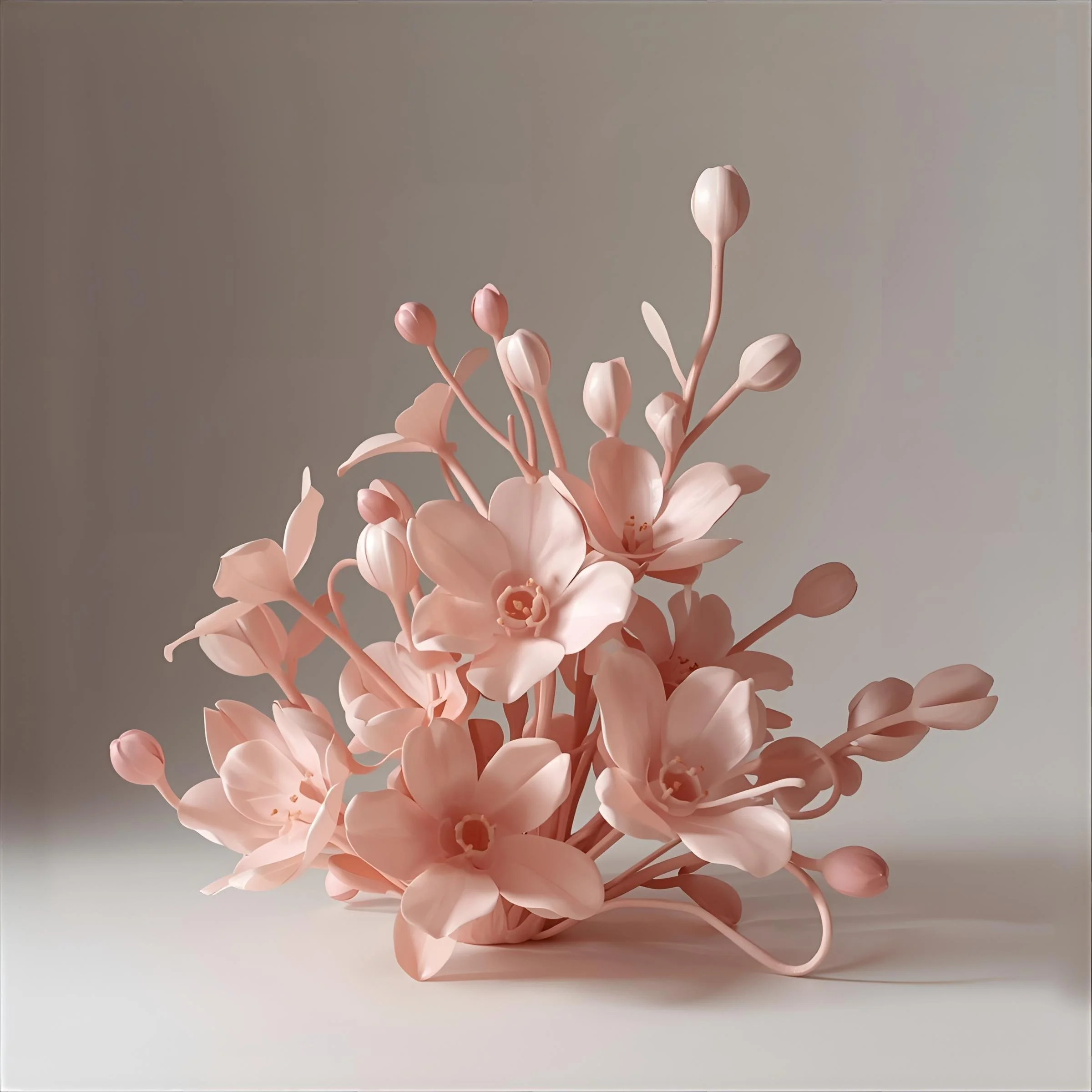 A pink artificial flower arrangement with blossoms and buds against a plain background.
