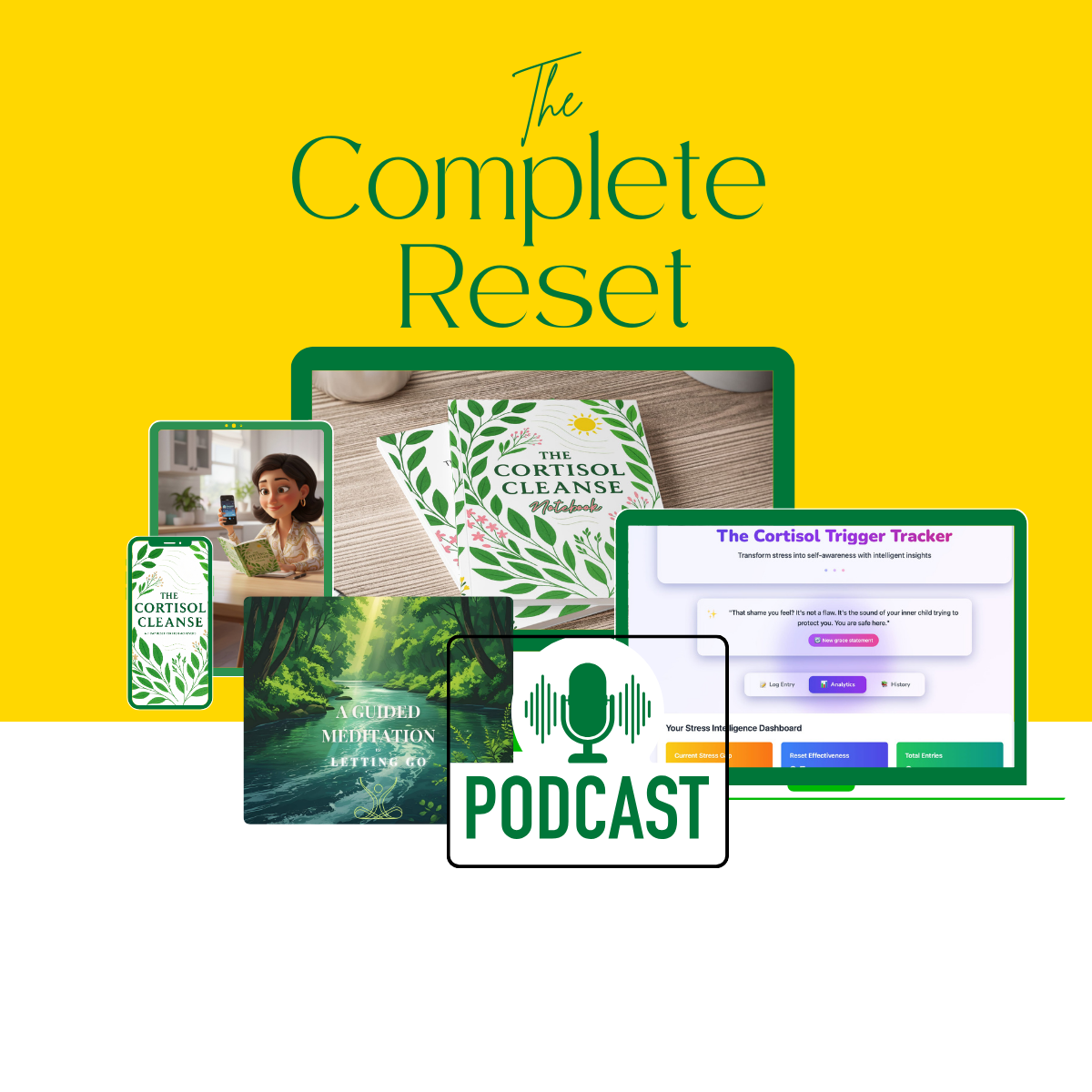 Order Tier 2 - The Complete Reset of The Cortisol Cleanse, including digital services, a podcast, and wellness resources like guided meditation and cortisol cleanse notebook, set against a yellow background.