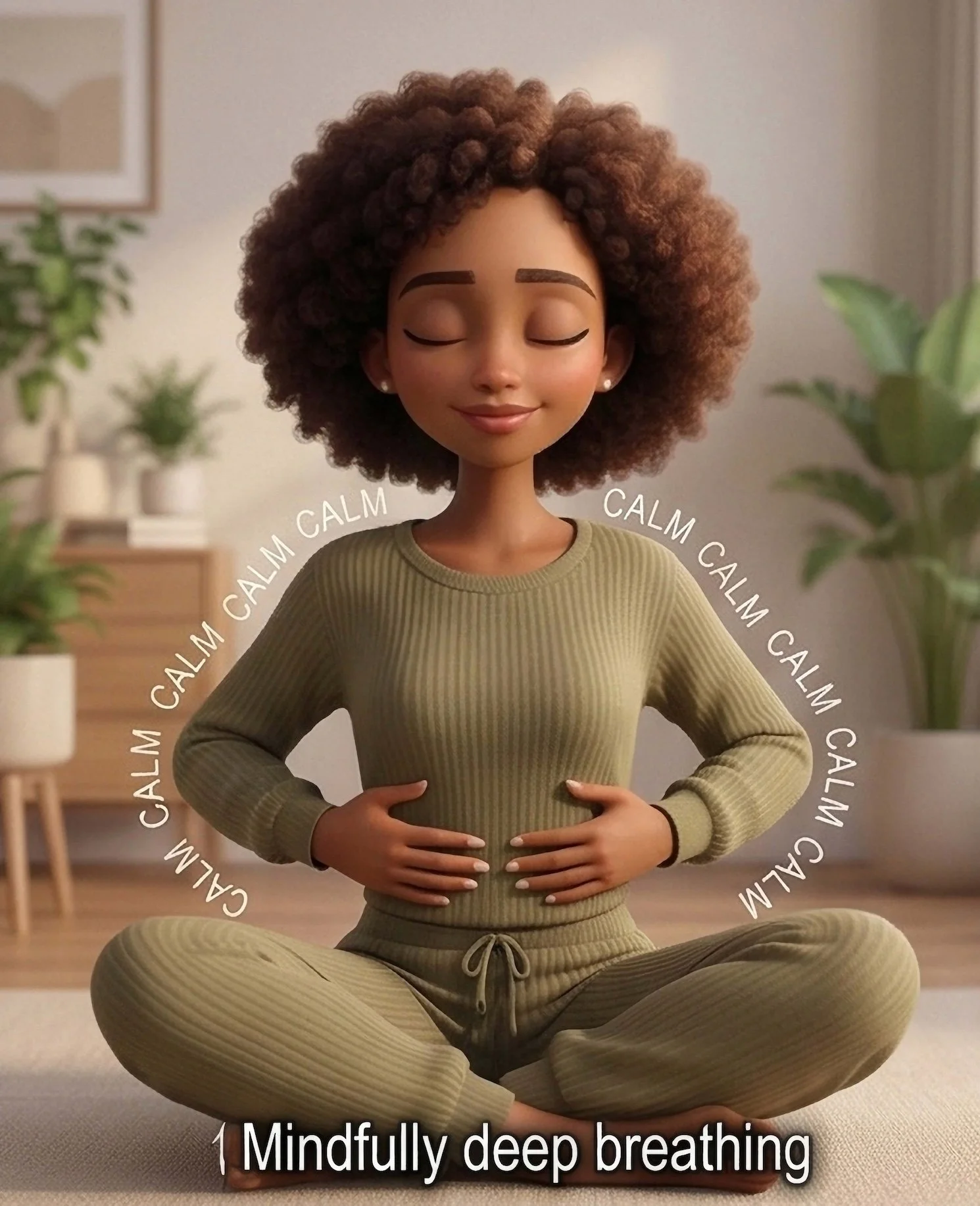 Animated illustration of a woman with curly hair practicing mindful deep breathing while sitting cross-legged on a mat in a calm, cozy room with indoor plants. Text around her reads 'CALM CALM CALM' and at the bottom, 'Mindfully deep breathing.'
