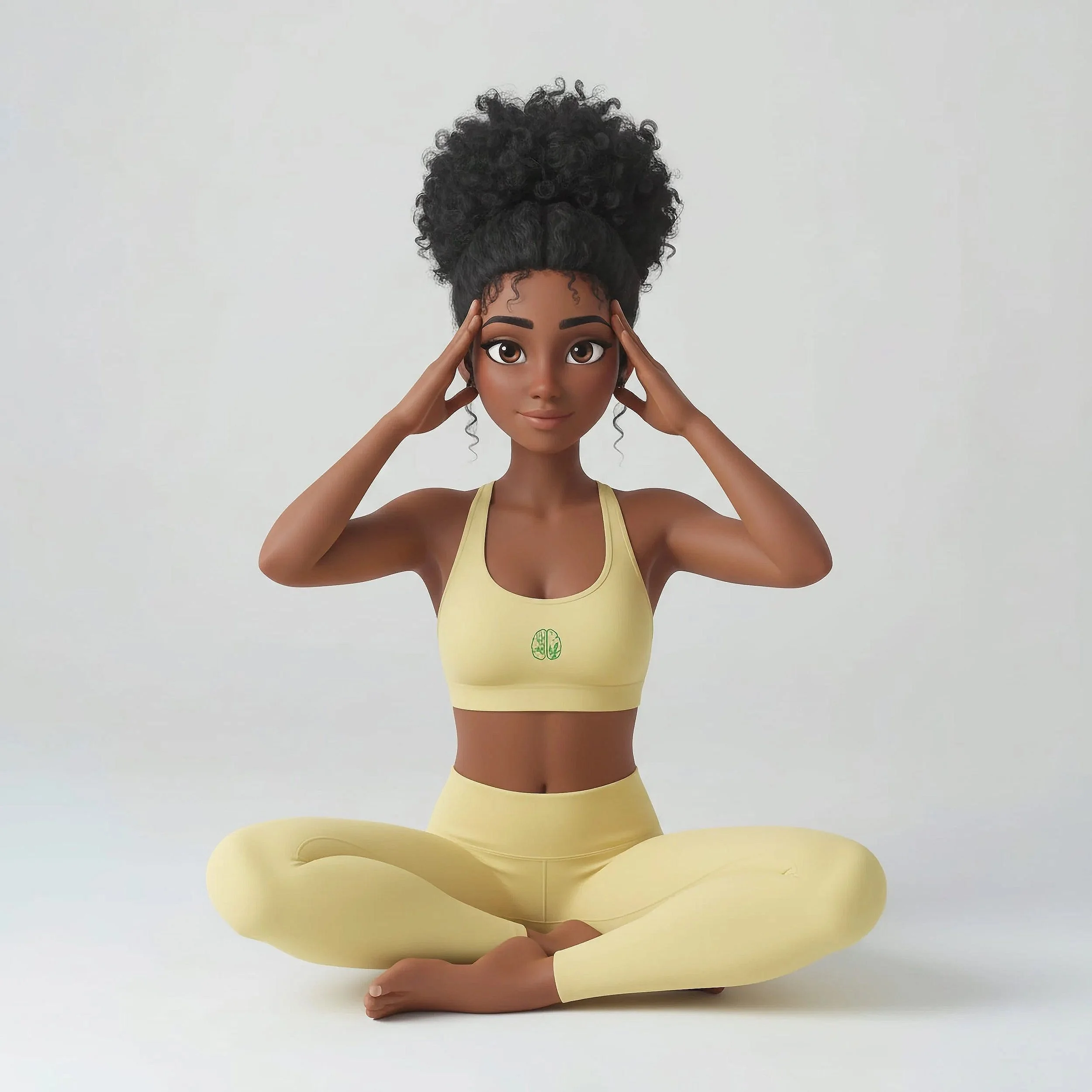 Cartoon-style woman practicing yoga in a seated cross-legged position, wearing a yellow sports bra and leggings, with hands on her temples, with a peaceful expression.