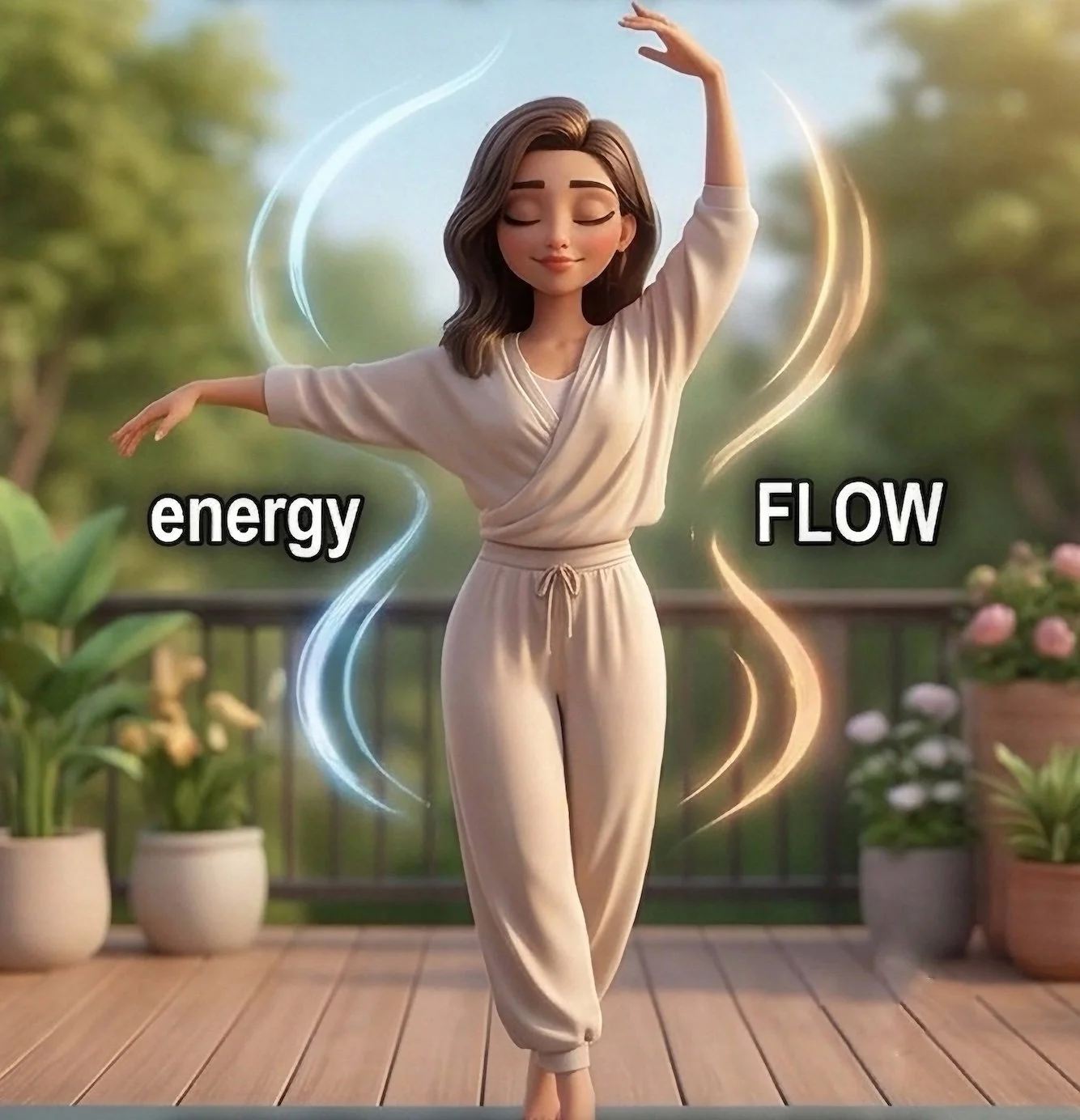 A digital illustration of a woman in beige loungewear balancing with one hand raised, surrounded by glowing lines labeled 'energy' and 'flow', with plants and potted flowers in the background.