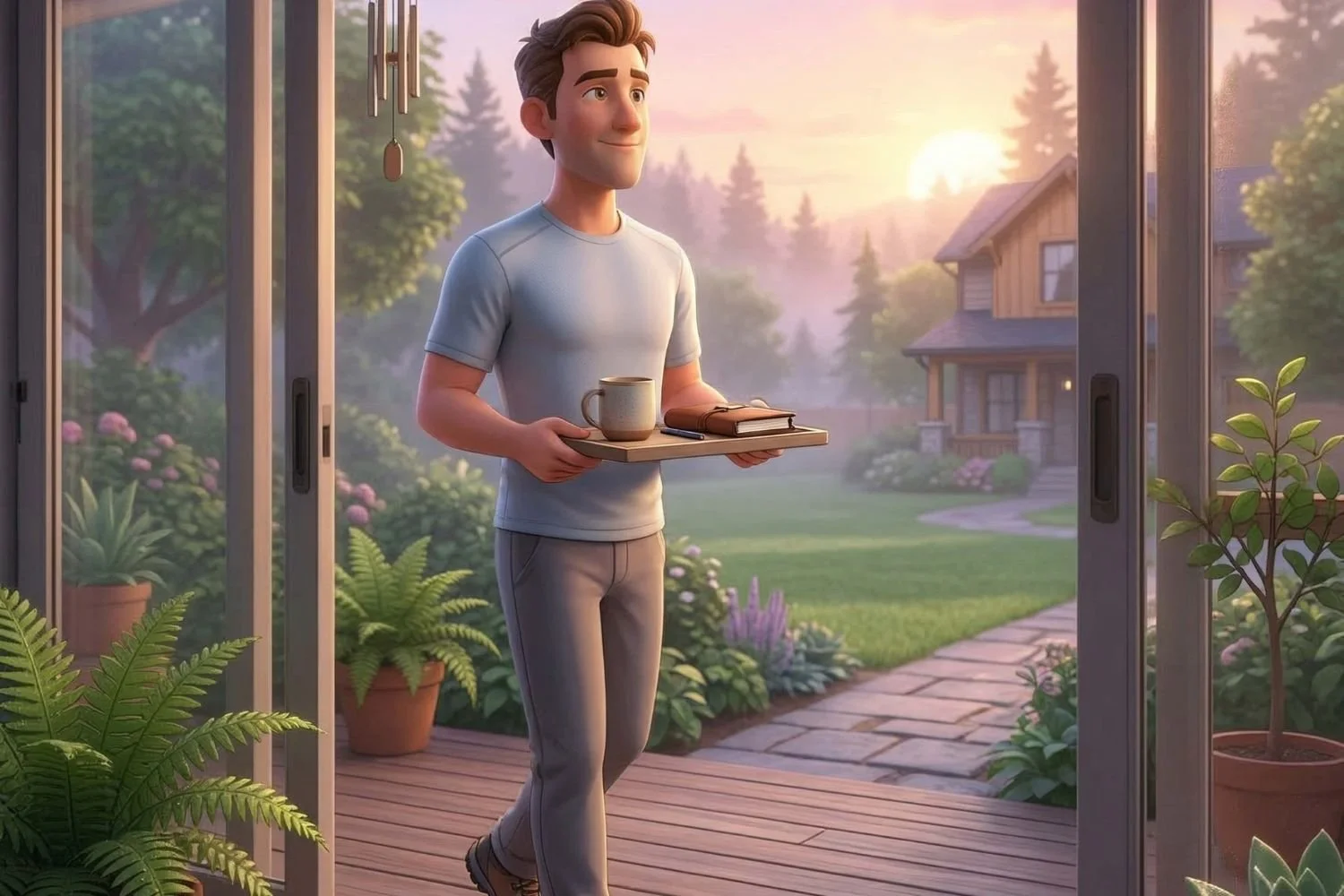A young man walking through a glass door holding a tray with a coffee mug, a notebook, and a pen in a garden setting during sunrise or sunset, with a house and trees in the background.