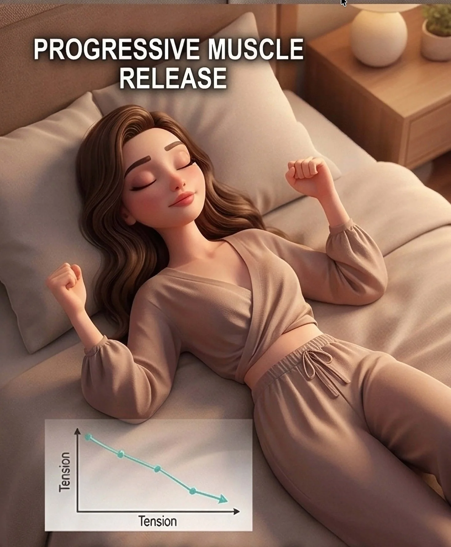 An animated woman with brown hair lying on her back on a bed, relaxing with her eyes closed and fists raised in a muscle release pose. The text 'Progressive Muscle Release' is displayed at the top, and a graph indicating tension decreasing over time is in the bottom left corner.