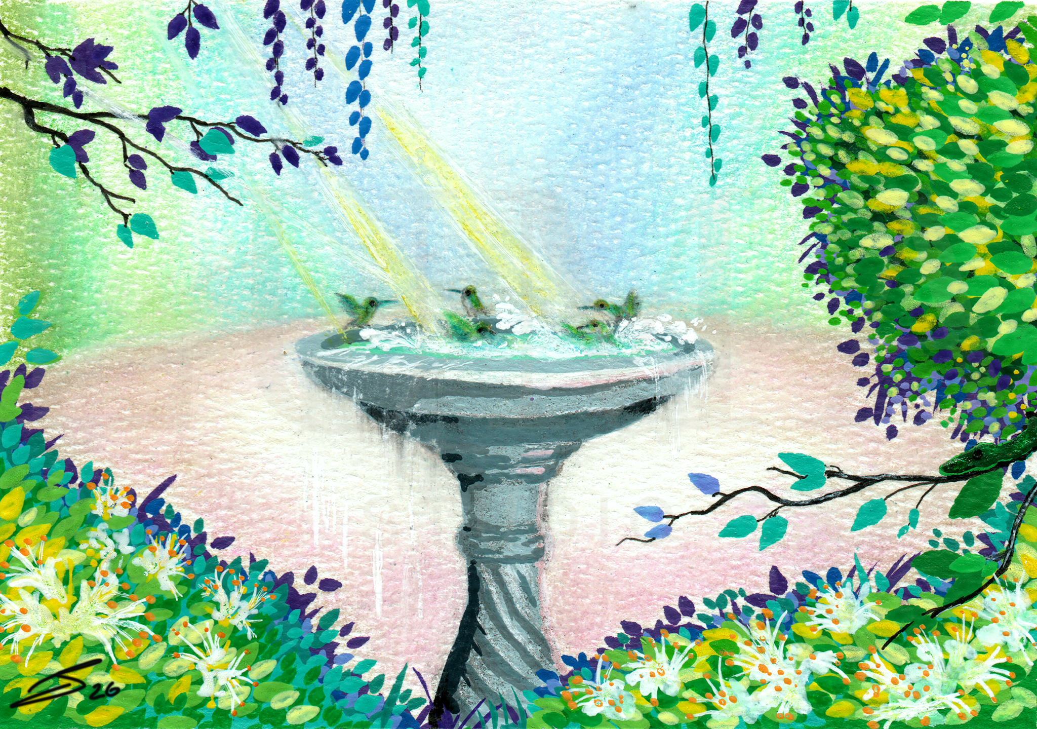 A quiet garden scene where beauty and subtle tension coexist.