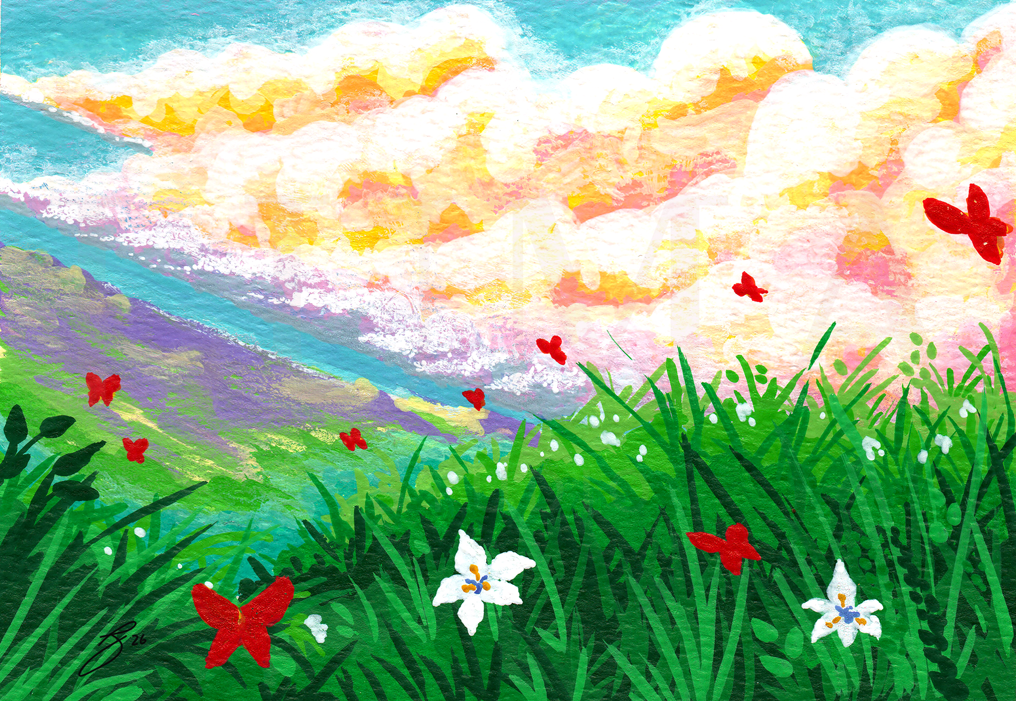 Crimson butterflies drift through tall grasses beneath a luminous sky.