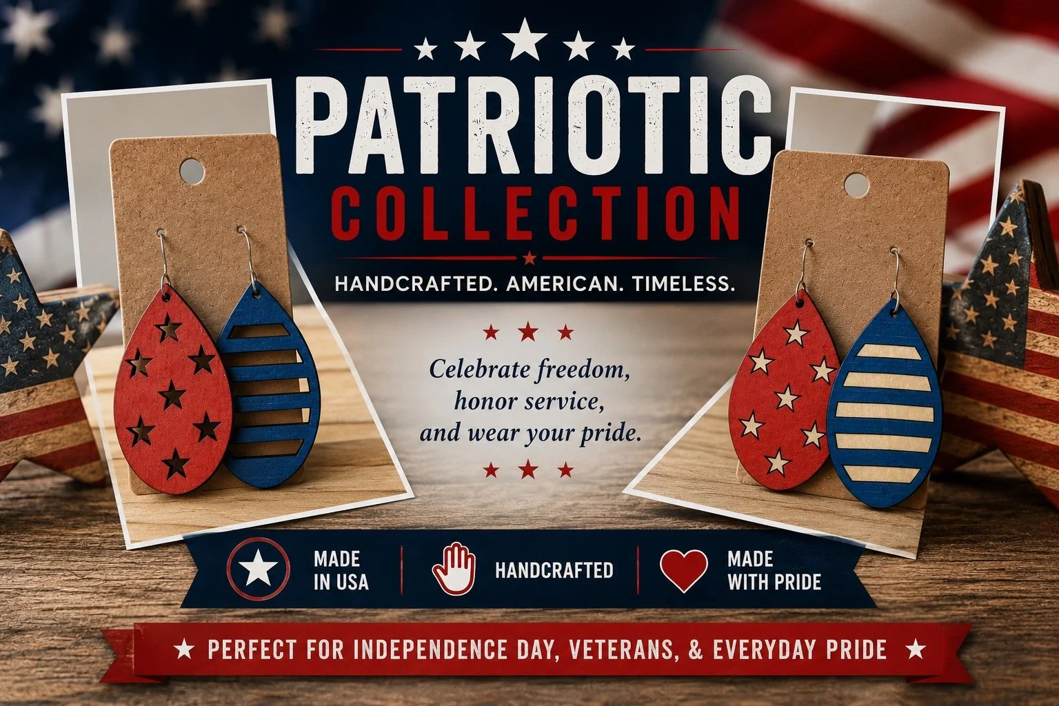 Handcrafted Wood Earrings | Nature Inspired Lightweight Dangle Earrings | Patriotic Collection