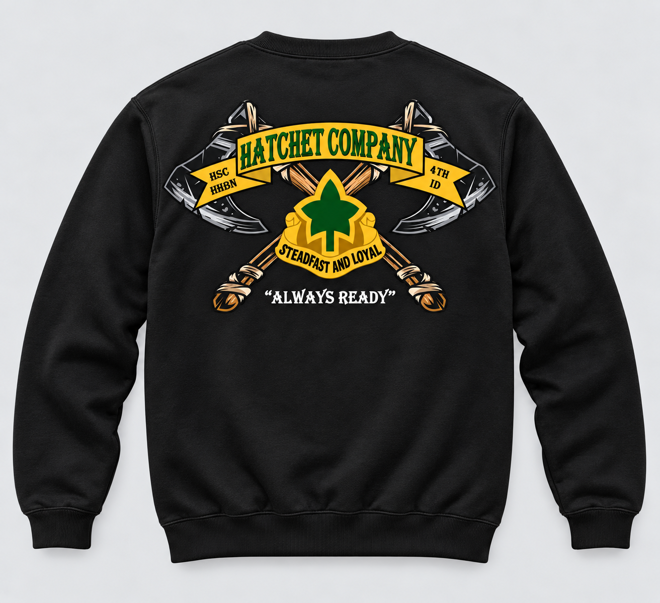 Black crewneck sweatshirt with Hatchet Company graphic.png
