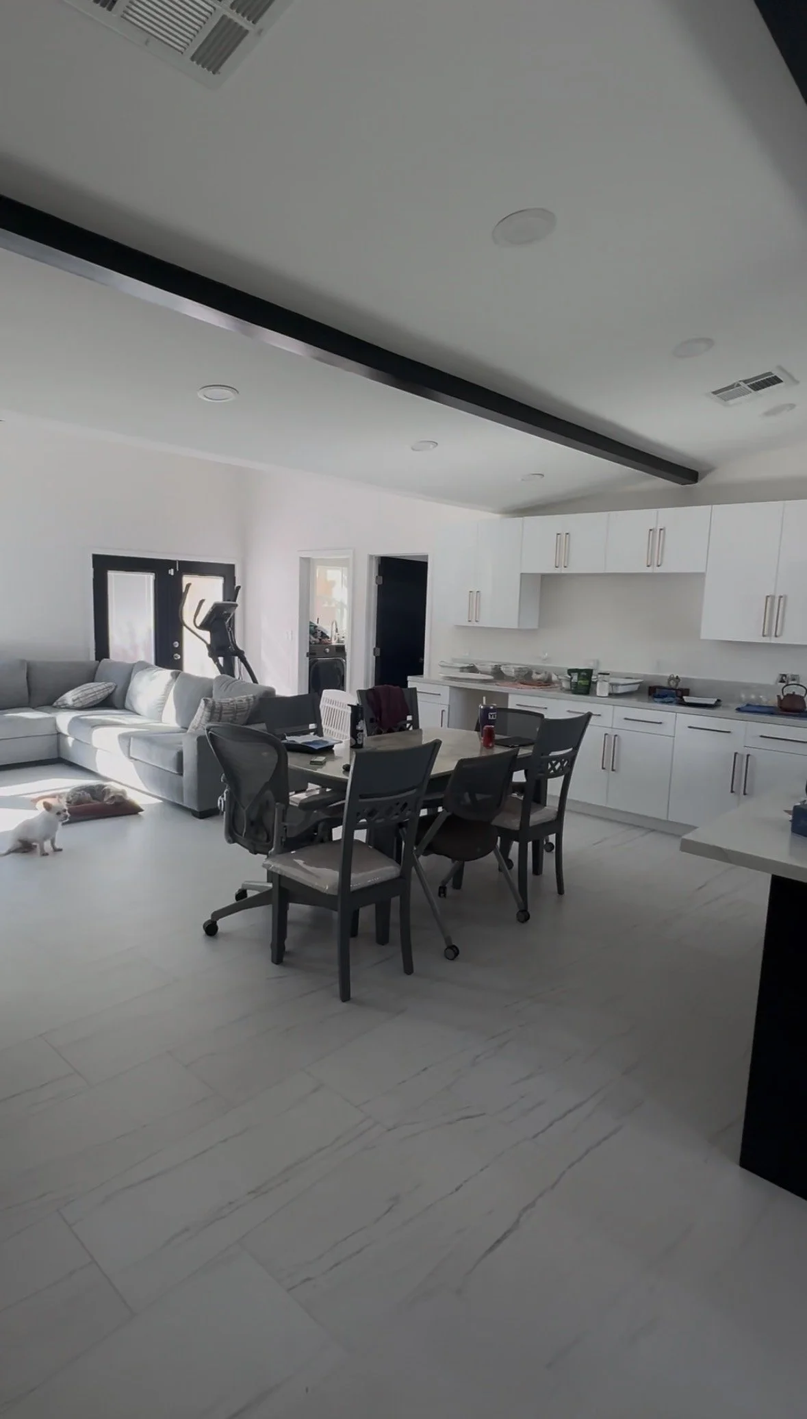 Open-concept living and dining area with white cabinets, grey table, chairs, a white sectional sofa, dog, and exercise equipment near doors