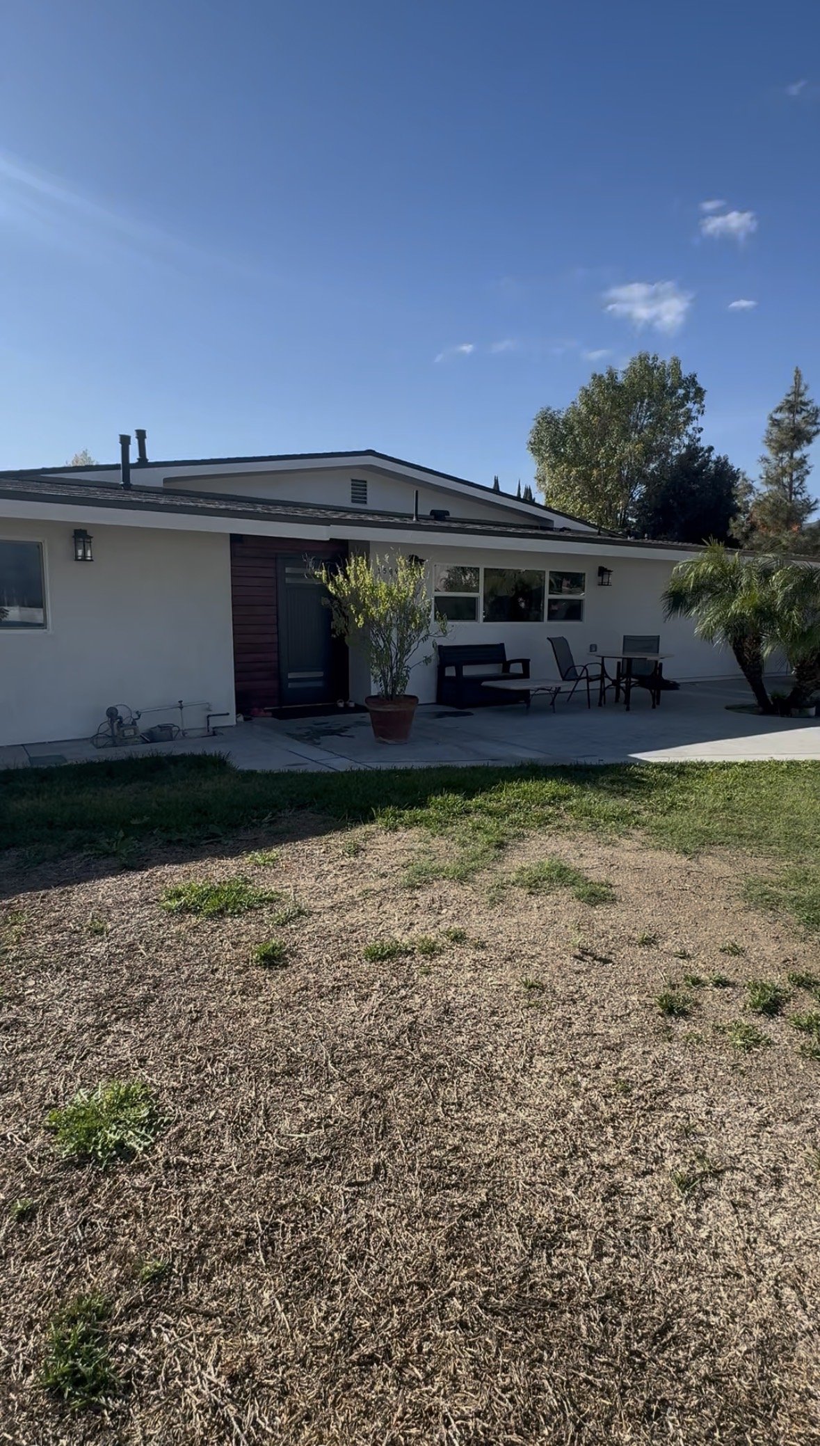 A backyard patio of a house with outdoor furniture, a potted plant, and some trees, under a bright blue sky.