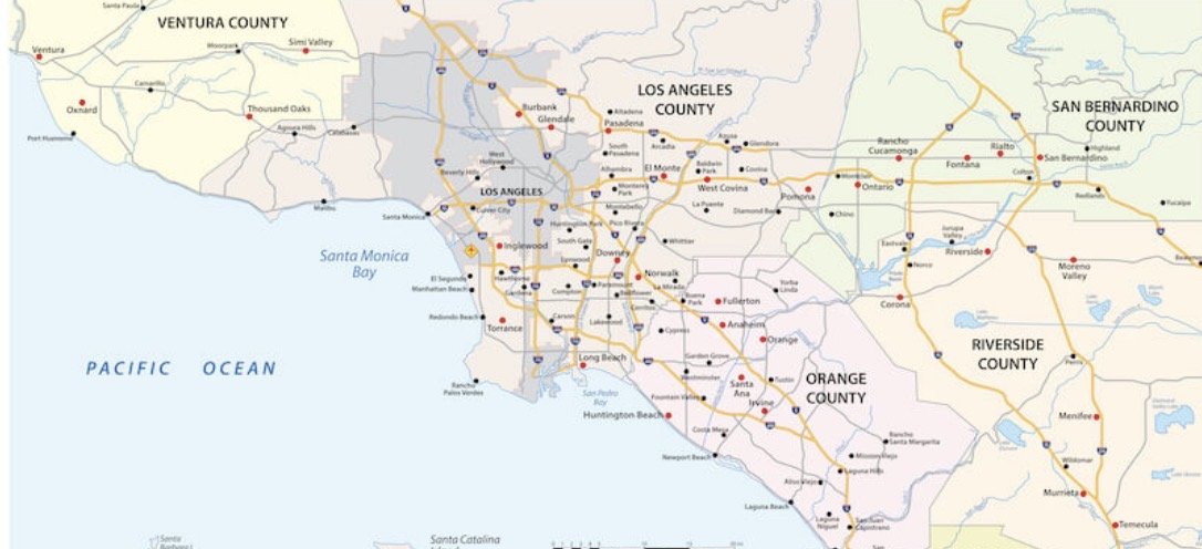 Map of Los Angeles metropolitan area showing Los Angeles County and surrounding counties, with major roads, freeways, and cities marked.