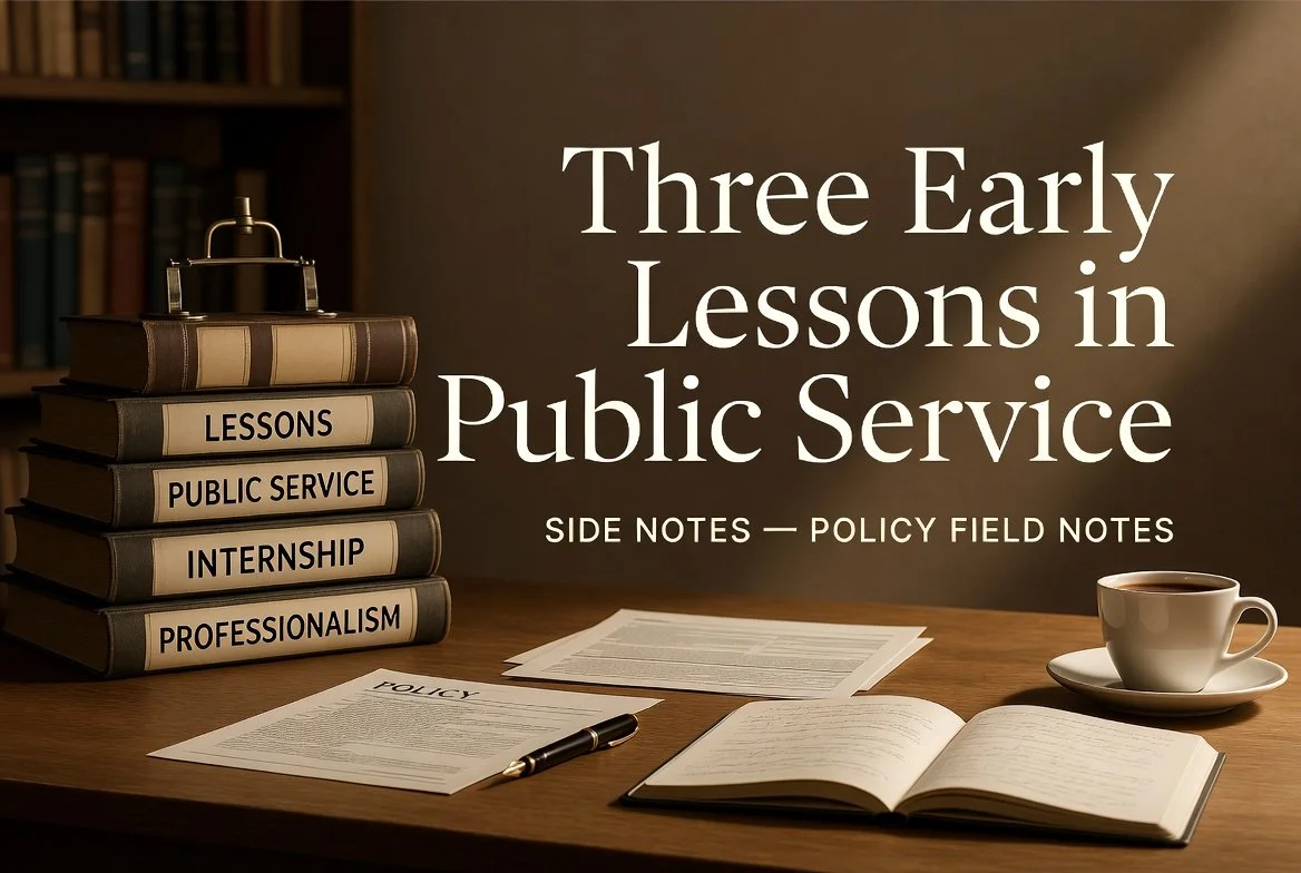 "Featured image for the Side Note reflecting on three early lessons in public service, with books on lessons, internship, and professionalism alongside the documents that reveal how policy work really happens.