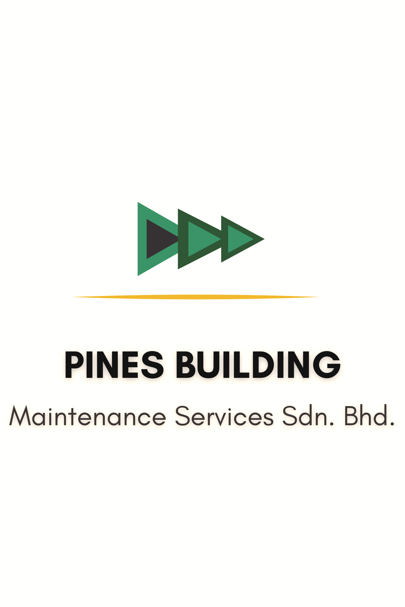 Logo for Pines Building Maintenance Services Sdn. Bhd., featuring three green arrowheads pointing to the right above the company name.