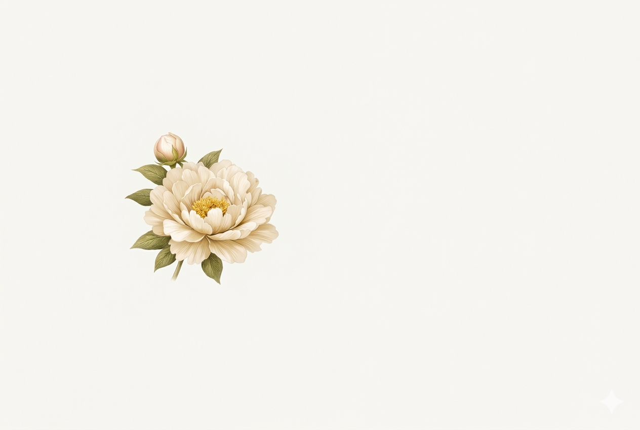 A beige peony flower with green leaves on a light background