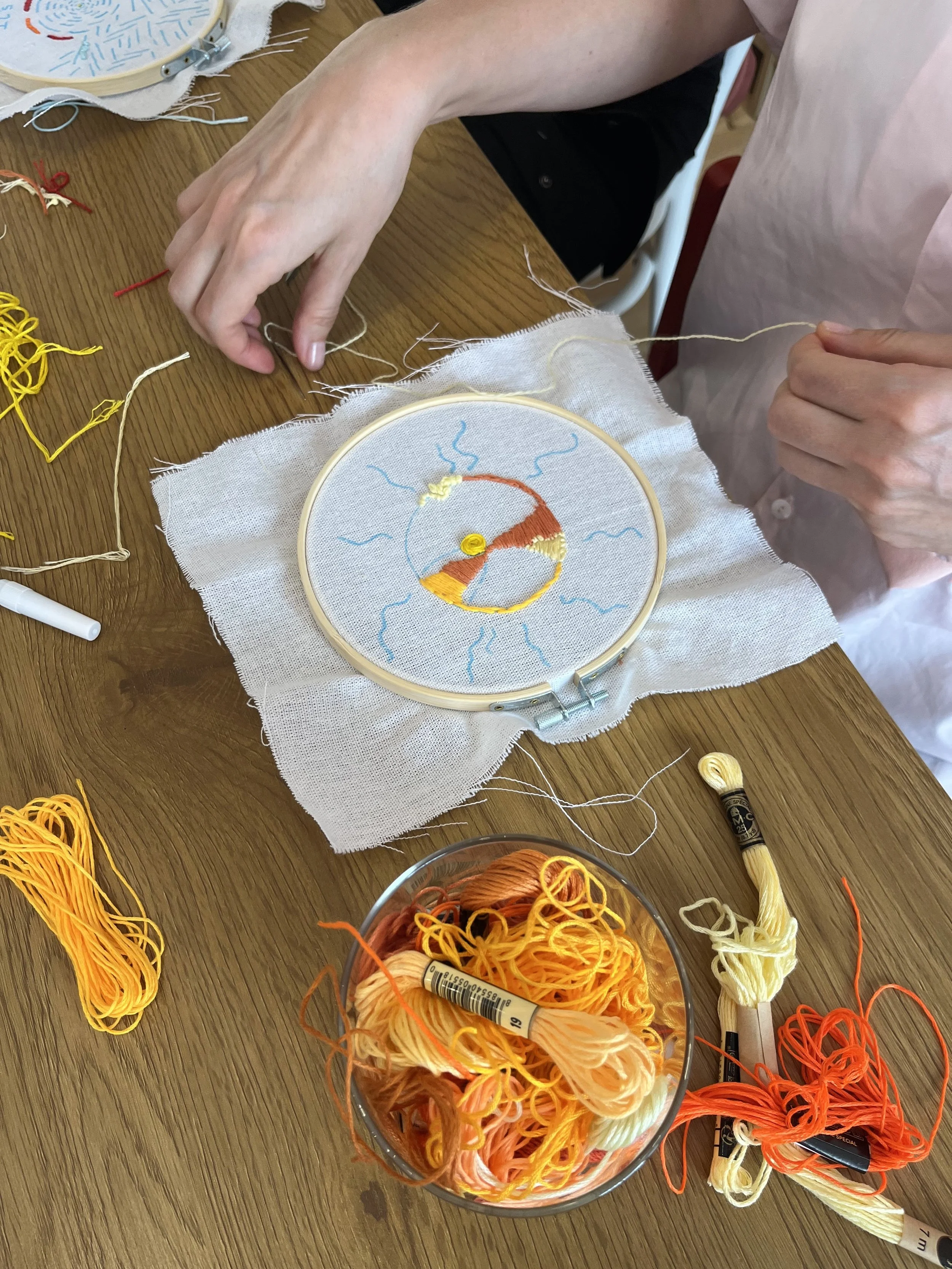 A person preparing for embroidery with a hoop and various colored embroidery threads on a wooden table.