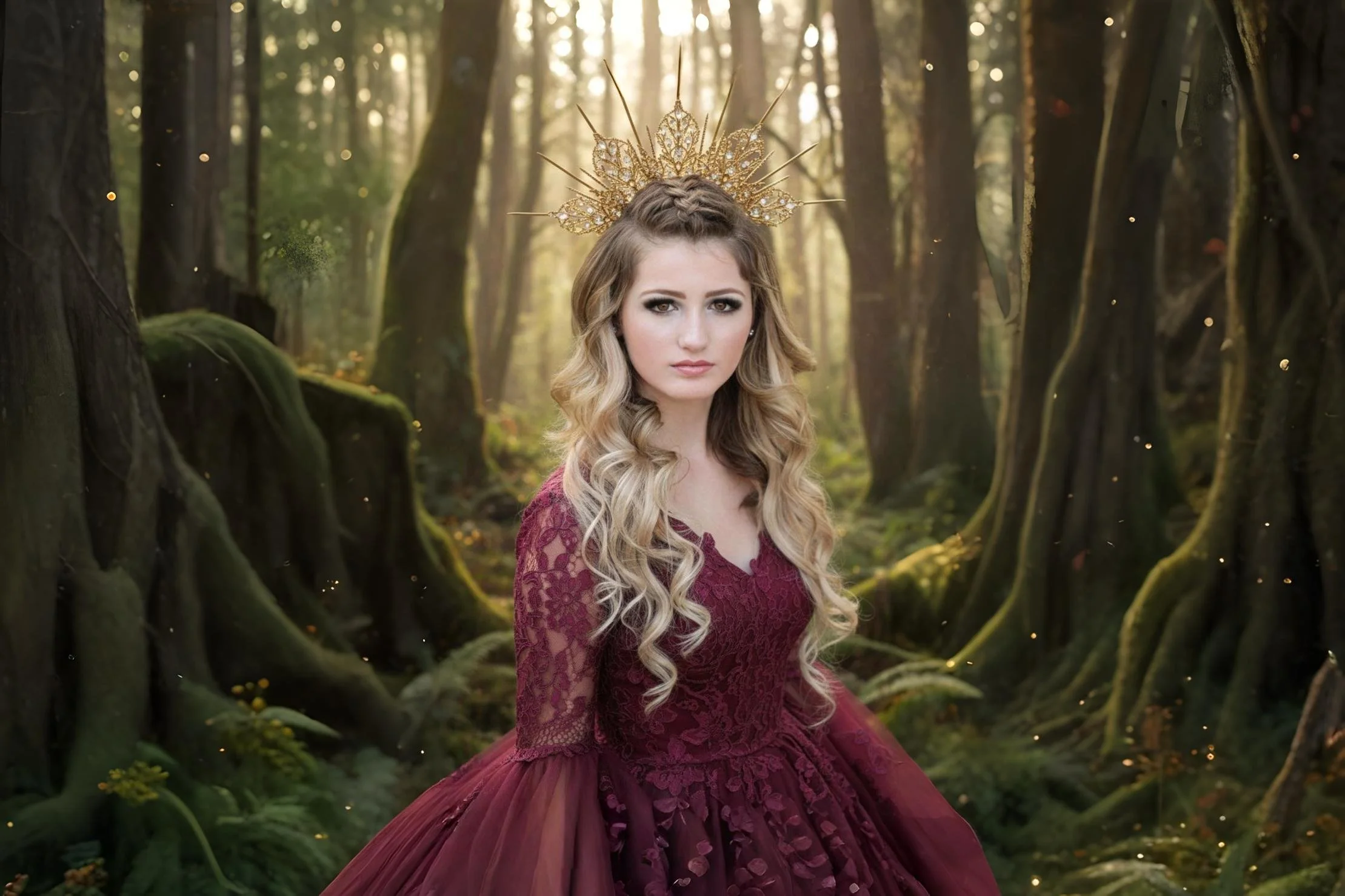 A woman with long, wavy blonde hair wearing a burgundy lace dress and a golden, crown-like headpiece, standing in a mystical forest with tall trees and soft golden sunlight.