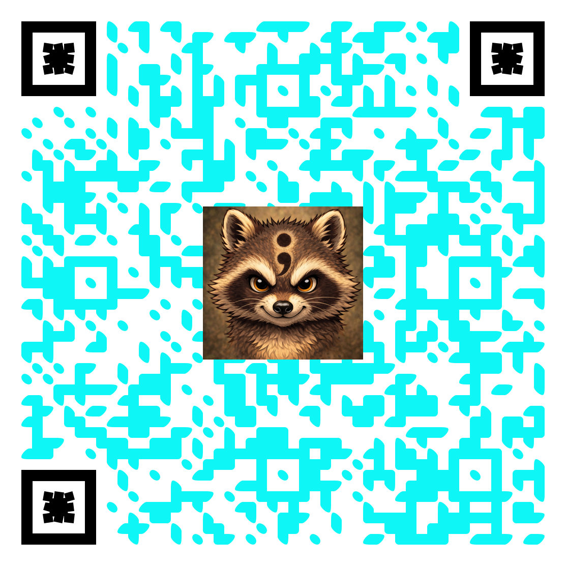 A QR code with an illustrated raccoon face in the center.