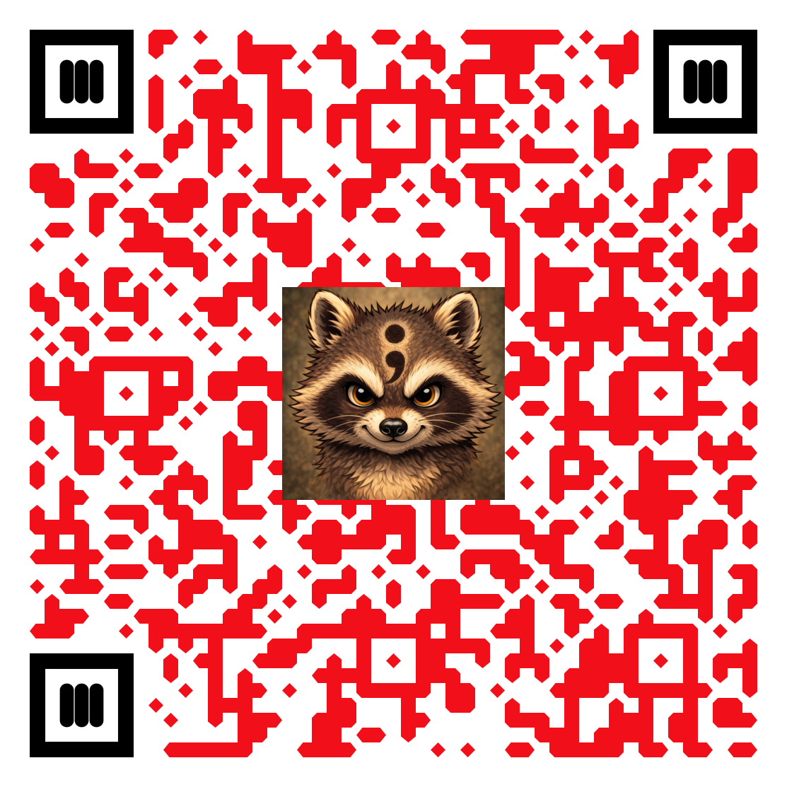 A QR code with a cute cartoon raccoon face in the center.