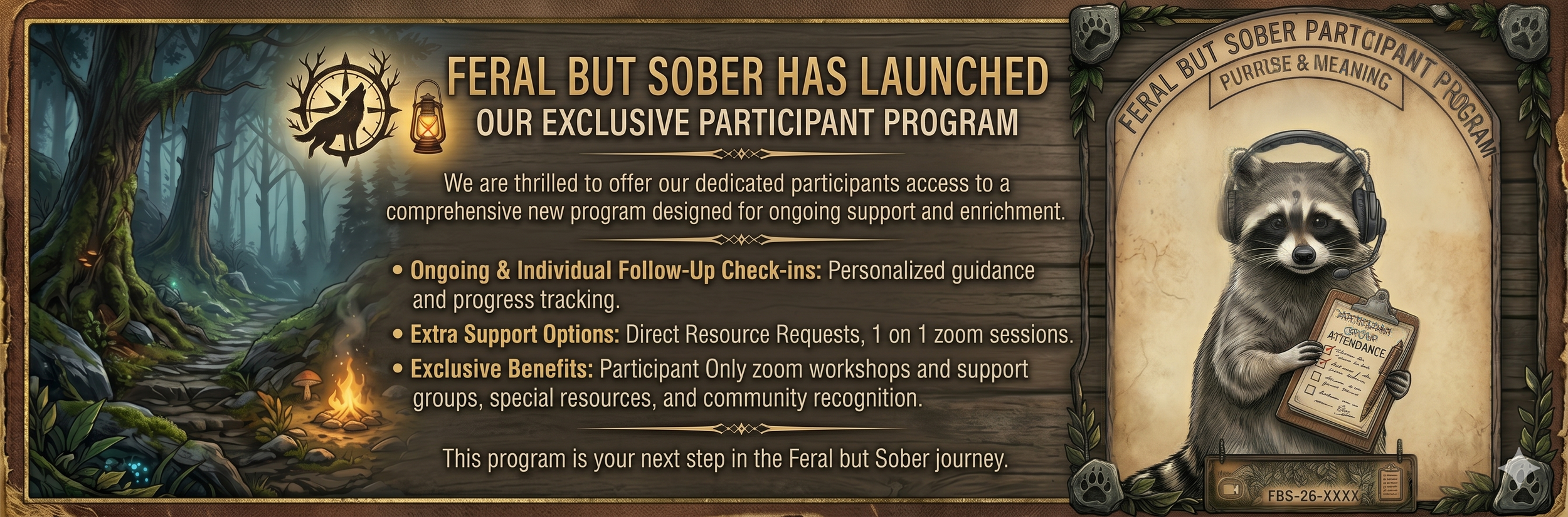 An announcement for a program called 'Feral but Sober' featuring a cute raccoon wearing headphones and holding an attendance clipboard, set against a forest background with trees and a campfire.