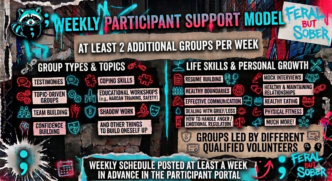 Poster for a weekly support model titled 'Feral but sober'. Features a raccoon graphic and graffiti-style background. Mentions at least two additional groups per week focused on life skills, personal growth, and other topics. Group types include testimonies, topic-driven groups, team building, confidence building, coping skills, educational workshops, shadow work, resume building, healthy boundaries, effective communication, dealing with grief/loss, managing anger/emotional regulation, mock interviews, healthy relationships, healthy eating, physical fitness, and more. Groups are led by qualified volunteers, with a weekly schedule posted in advance on the participant portal.