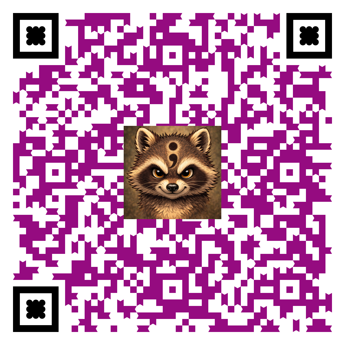 QR code with a cartoon-like raccoon face in the center.