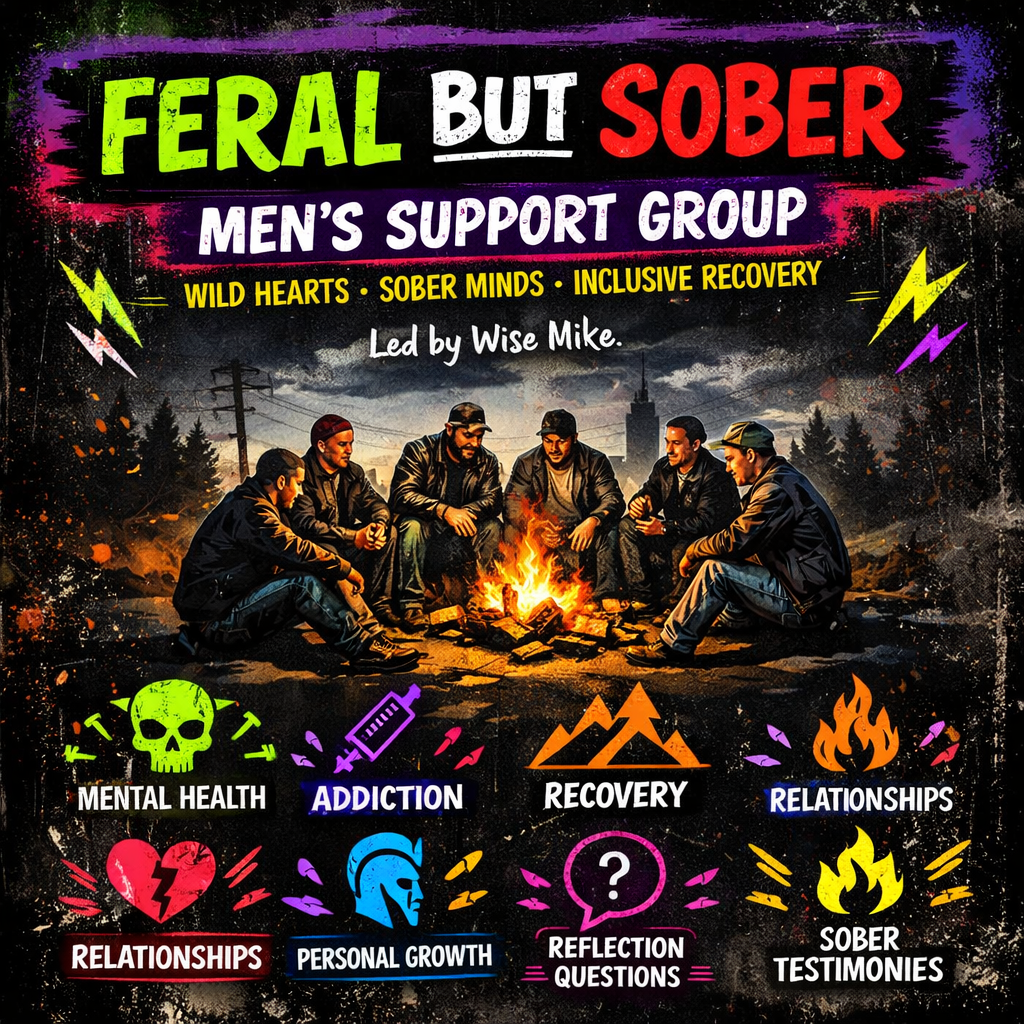 A men's support group sitting around a campfire outdoors at dusk, with a city skyline and trees in the background, promoting mental health, addiction recovery, relationships, and personal growth.