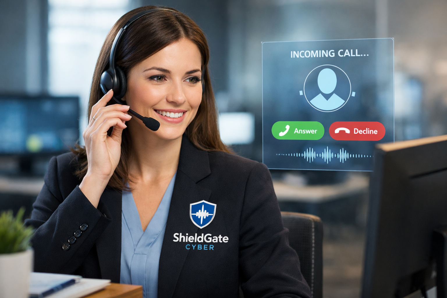 A woman smiling while wearing a headset, sitting at a desk with a computer. A digital overlay near her shows an incoming call screen with options to answer or decline.