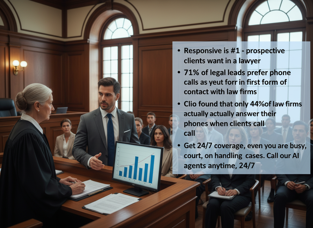 A courtroom scene with a judge and lawyer in discussion, and an audience in the background. A presentation slide with legal marketing statistics is superimposed on the right side.