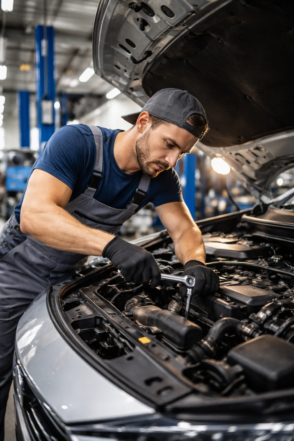 A mechanic examining a car engine in a repair shop