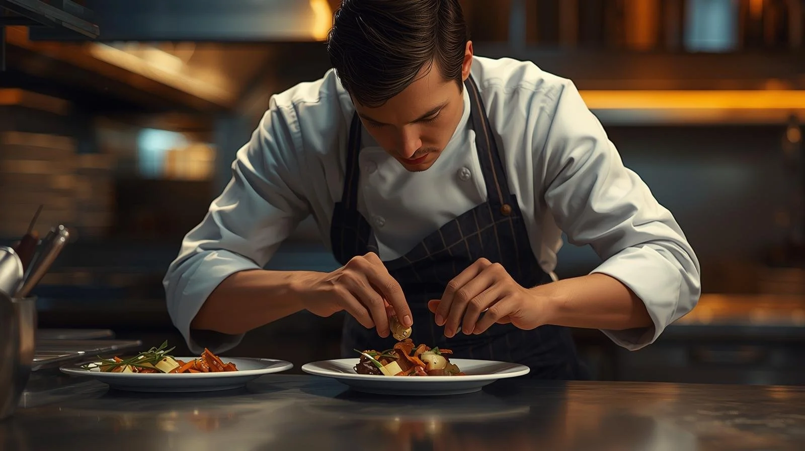 Professional chef plating gourmet dishes in a restaurant kitchen.