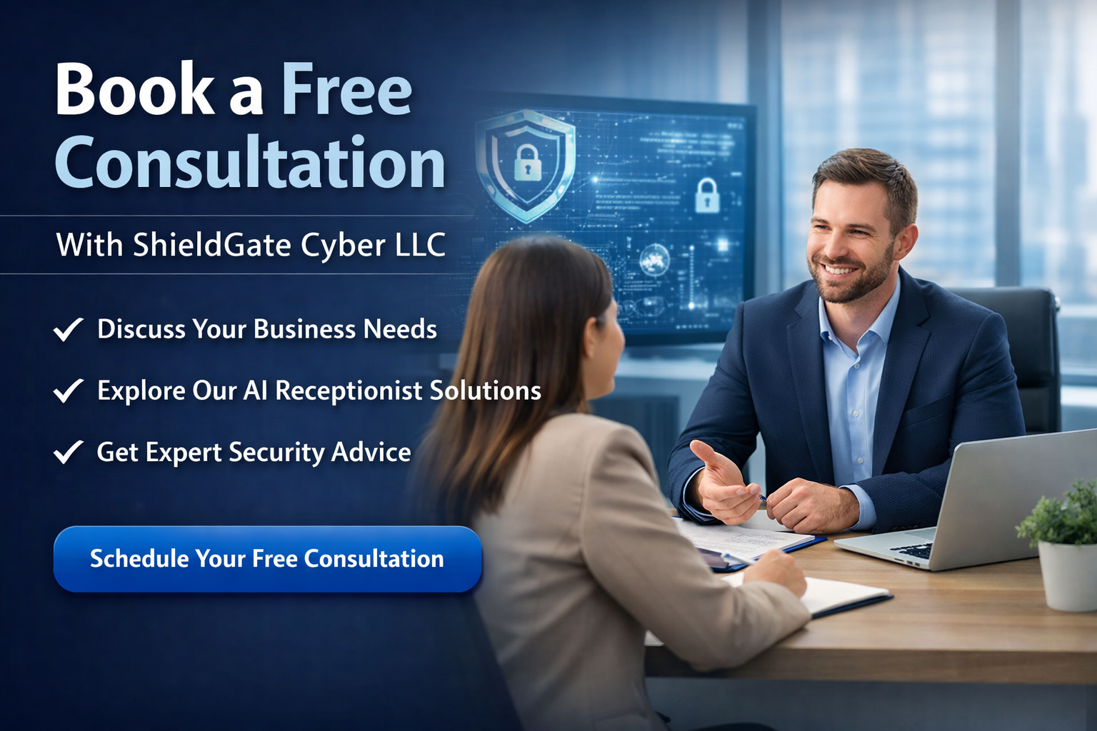 Business consultation with cybersecurity theme, two professionals talking in office with digital security graphics.