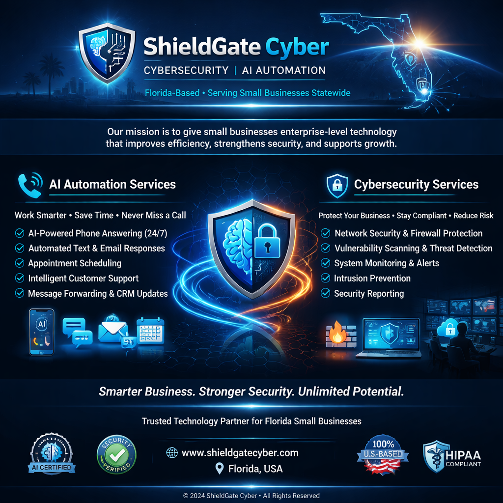 An infographic for ShieldGate Cyber, a Florida-based cybersecurity company serving small businesses. Features include AI automation services and cybersecurity protection, with icons of a shield, brain, lock, phone, email, calendar, and security monitors. The design emphasizes smarter business and stronger security.