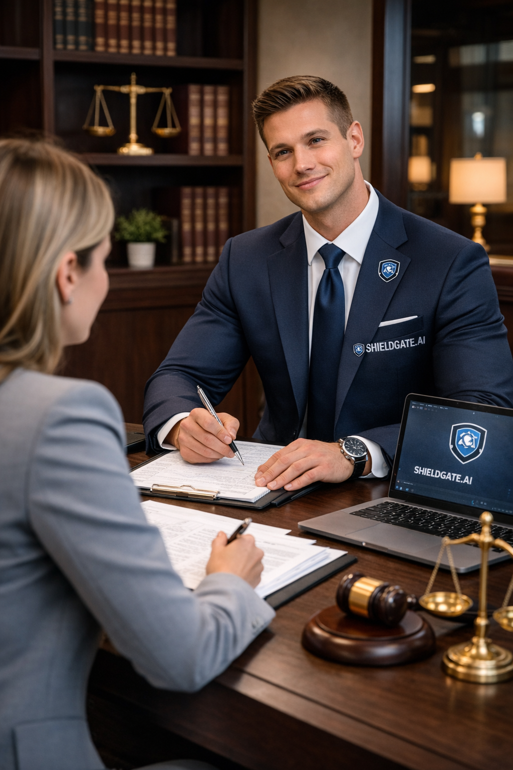 A man in a suit with a shield logo and 'SHIELDGATE.AI' name tag sits at a desk across from a woman, signing documents in a law office setting with legal books, a scale model, and a gavel visible.