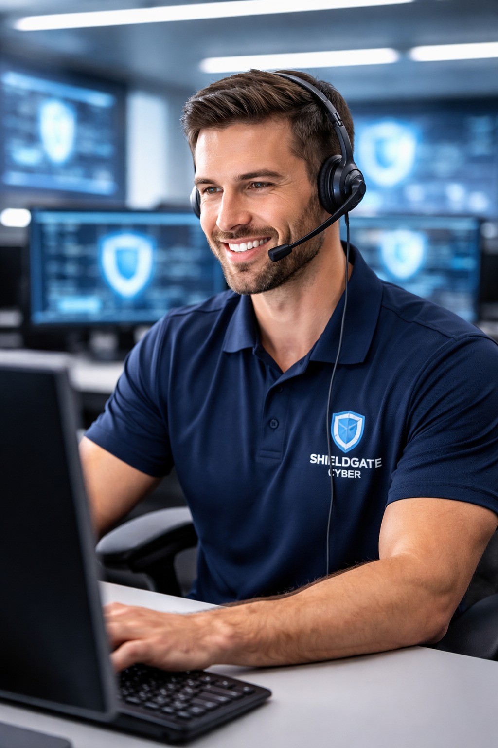 A man in a navy blue uniform with a shield logo and the word "SHIELDGATE CYBER" on it, smiling and using a headset while working at a computer in a cybersecurity office.