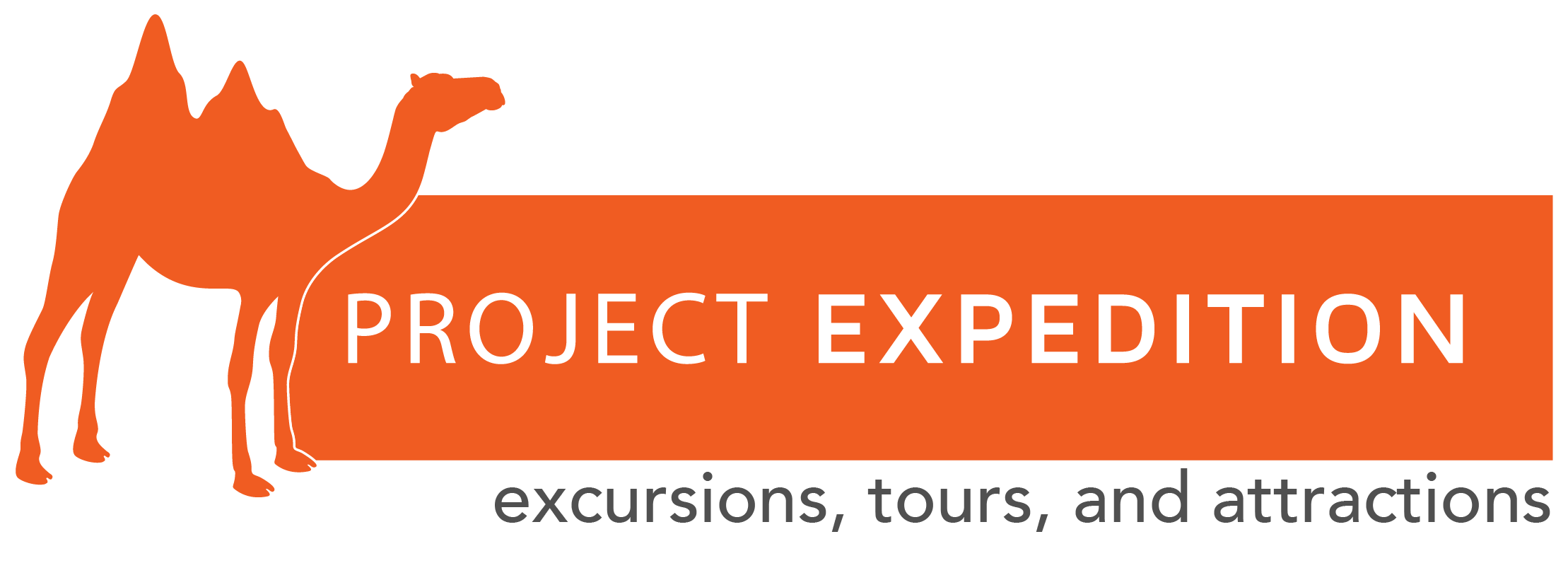 Project Expedition logo featuring an orange camel silhouette and bold orange and black text promoting excursions, tours, and attractions.