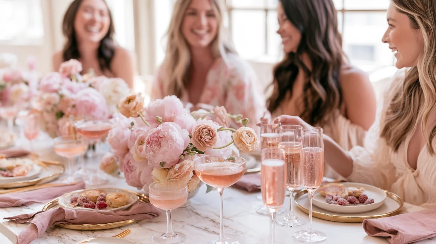 4 women enjoying lunch with sparking Rose and a beautifully dressed table with pink flowers