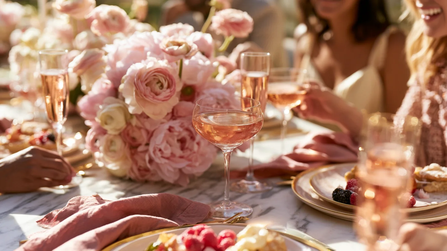 Outdoor lunch setting during summmer with rose wine and pink flowers, blurred images of women sitting around table