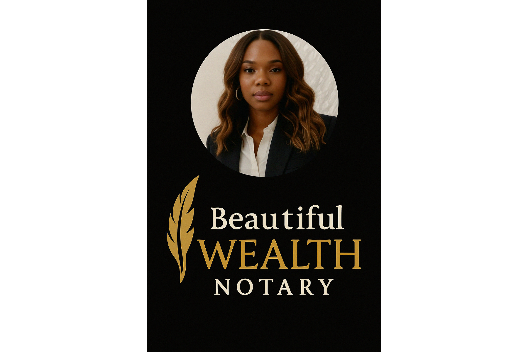 A woman with wavy brown hair wearing a black blazer and white shirt, looking at the camera. The background is beige with a white pattern. Text on the image reads 'Beautiful Wealth Notary' with a gold feather logo.