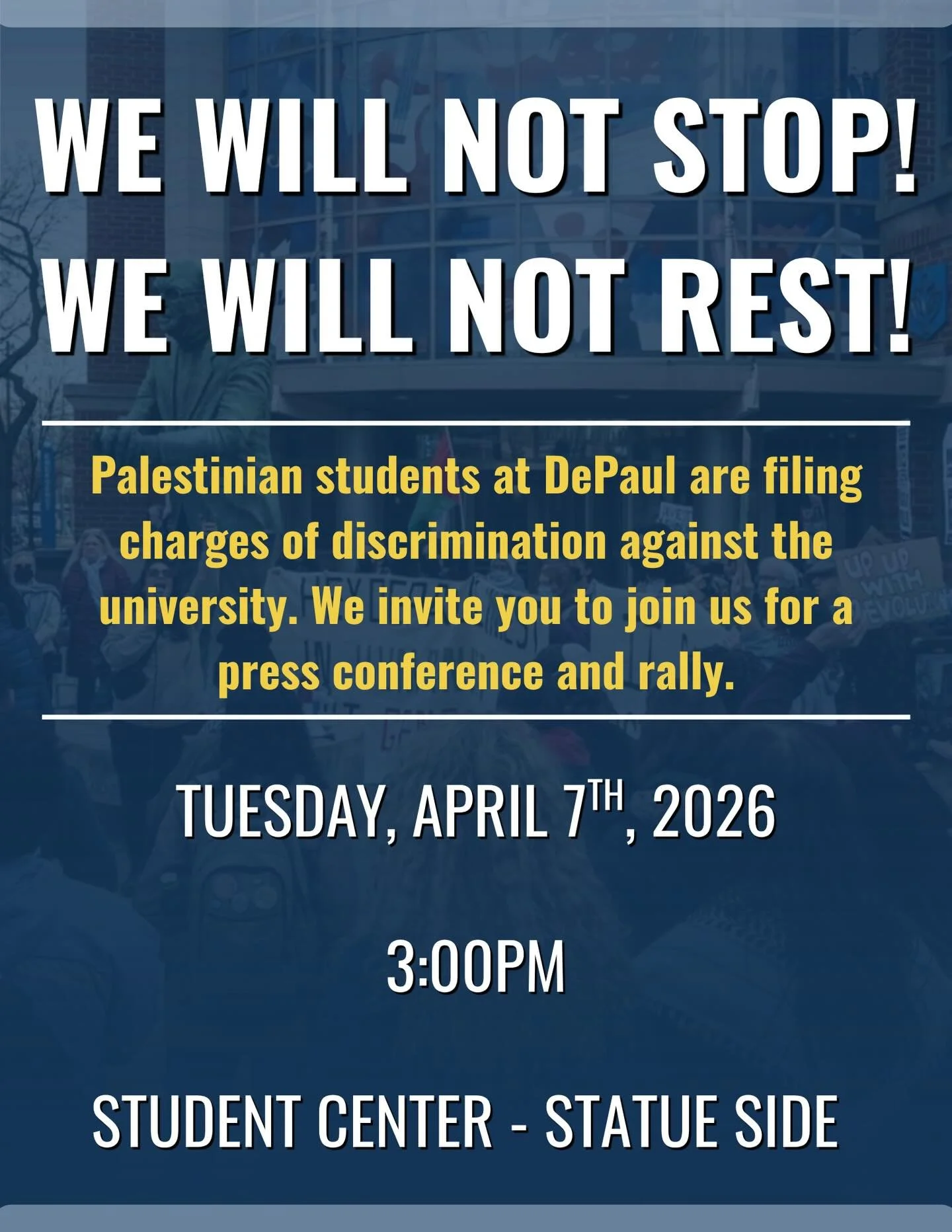 TODAY: 🚨ALL OUT! PALESTINIAN STUDENTS FILE CHARGES OF DISCRIMINATION AGAINST DEPAUL!🚨

Join us in supporting Palestinian students and @cairchicago at a press conference and rally, as they file charges of discrimination against DePaul University for