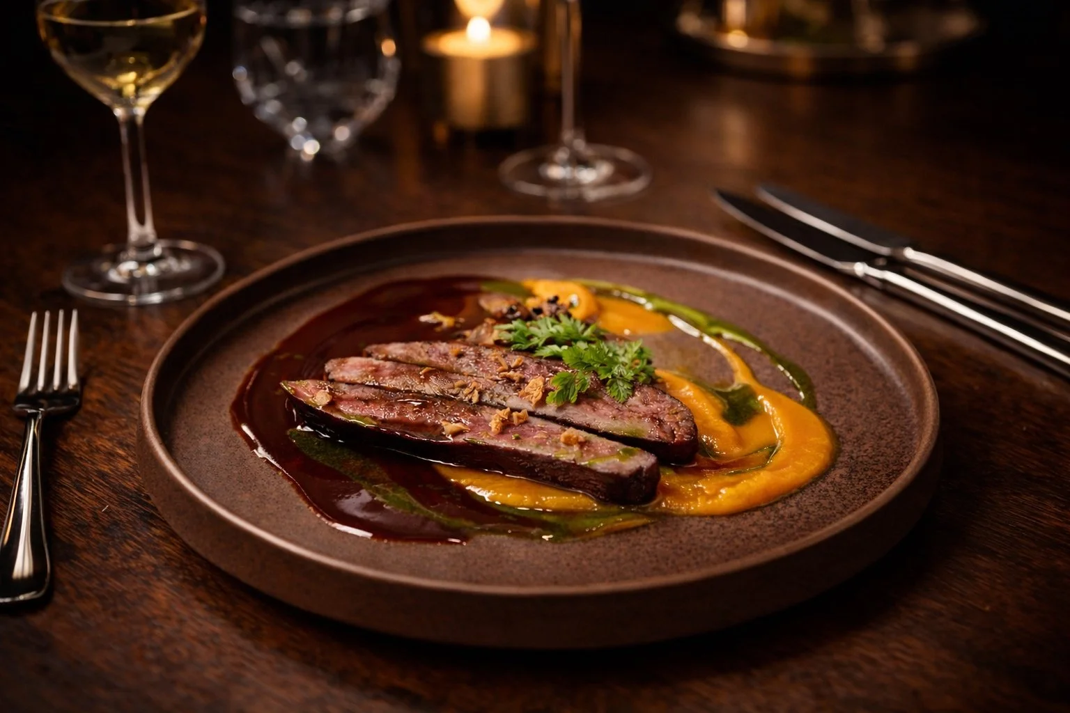 Sliced steak topped with herbs on a bed of colorful vegetables and sauce, served on a brown plate, with a glass of white wine and a glass of water in the background.