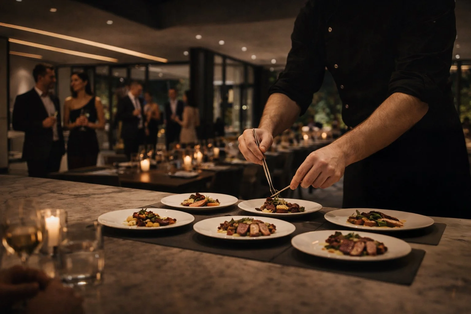Chef plating gourmet dishes at a fine dining restaurant with guests socializing in the background.
