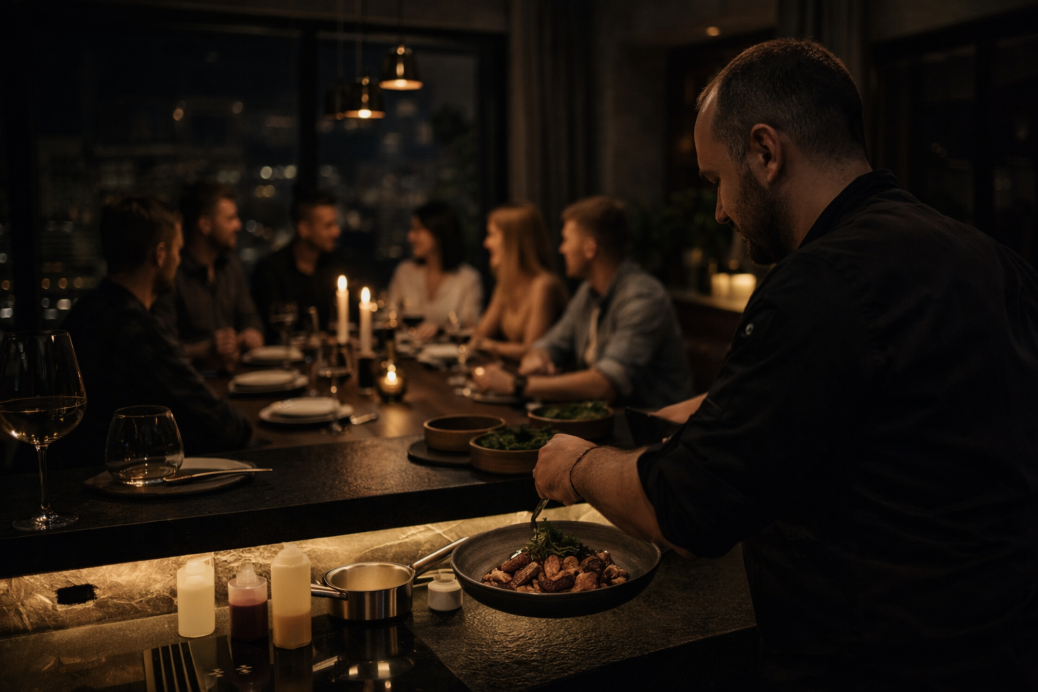 A chef preparing food in a dimly lit restaurant with a group of six people dining at a long table in the background.