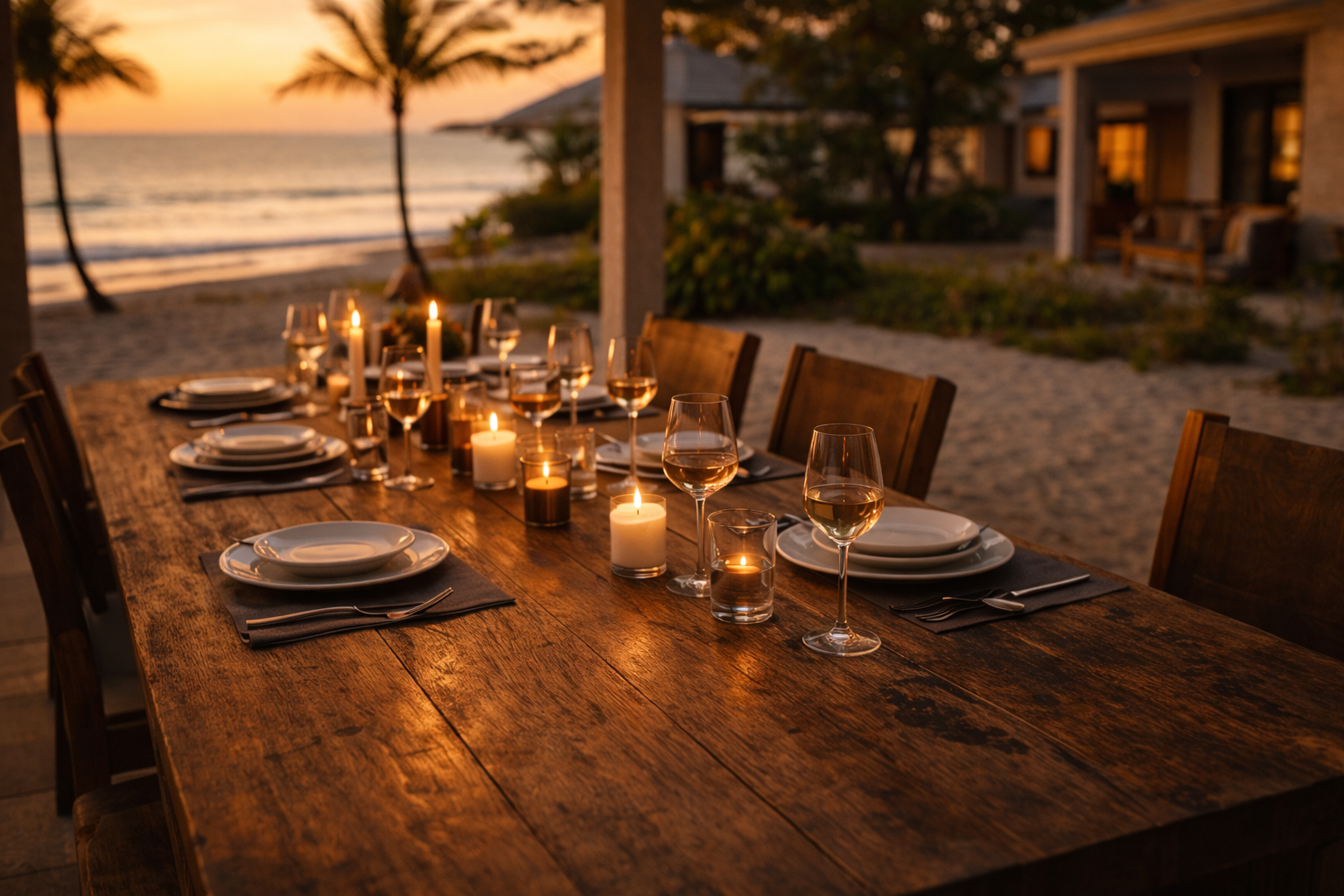 A wooden outdoor dining table set with white plates, wine glasses, and candles, overlooking a beach with palm trees at sunset.
