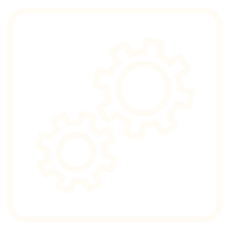 Icon of two white gears on a transparent background with a rounded white border.